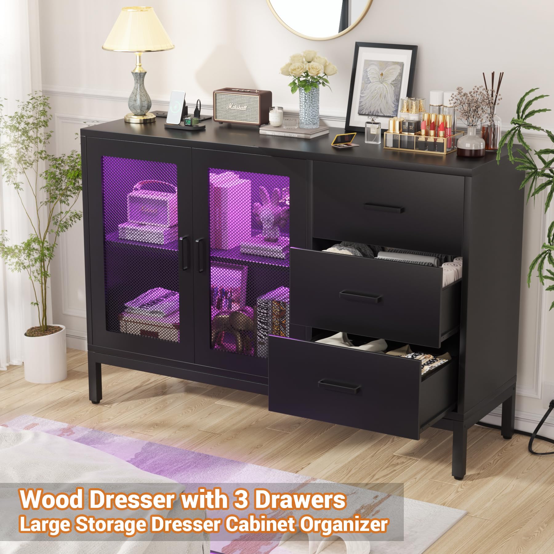 Modern Black Sideboard Buffet with 3 Wood Drawers & Power Outlet - LED Light Coffee Bar, 2-Door Storage Cabinet for Kitchen & Dining Room - Perfect for Entertaining, Displaying China, and Organizing Dining Essentials