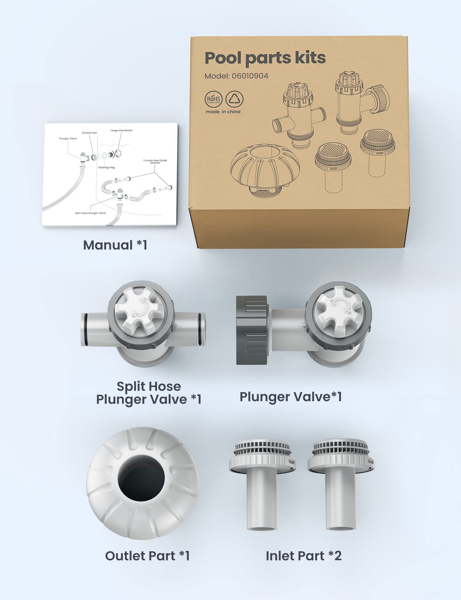 Premium Pool Filter Part Kit Set - Plunger Valve, Split Hose Plunger Valve, 1 ¼ Inch Pool Outlet Strainer & Large Inlet Nozzle Set for Swimming Pool Maintenance and Repair - Perfect for Inground & Above Ground Pools