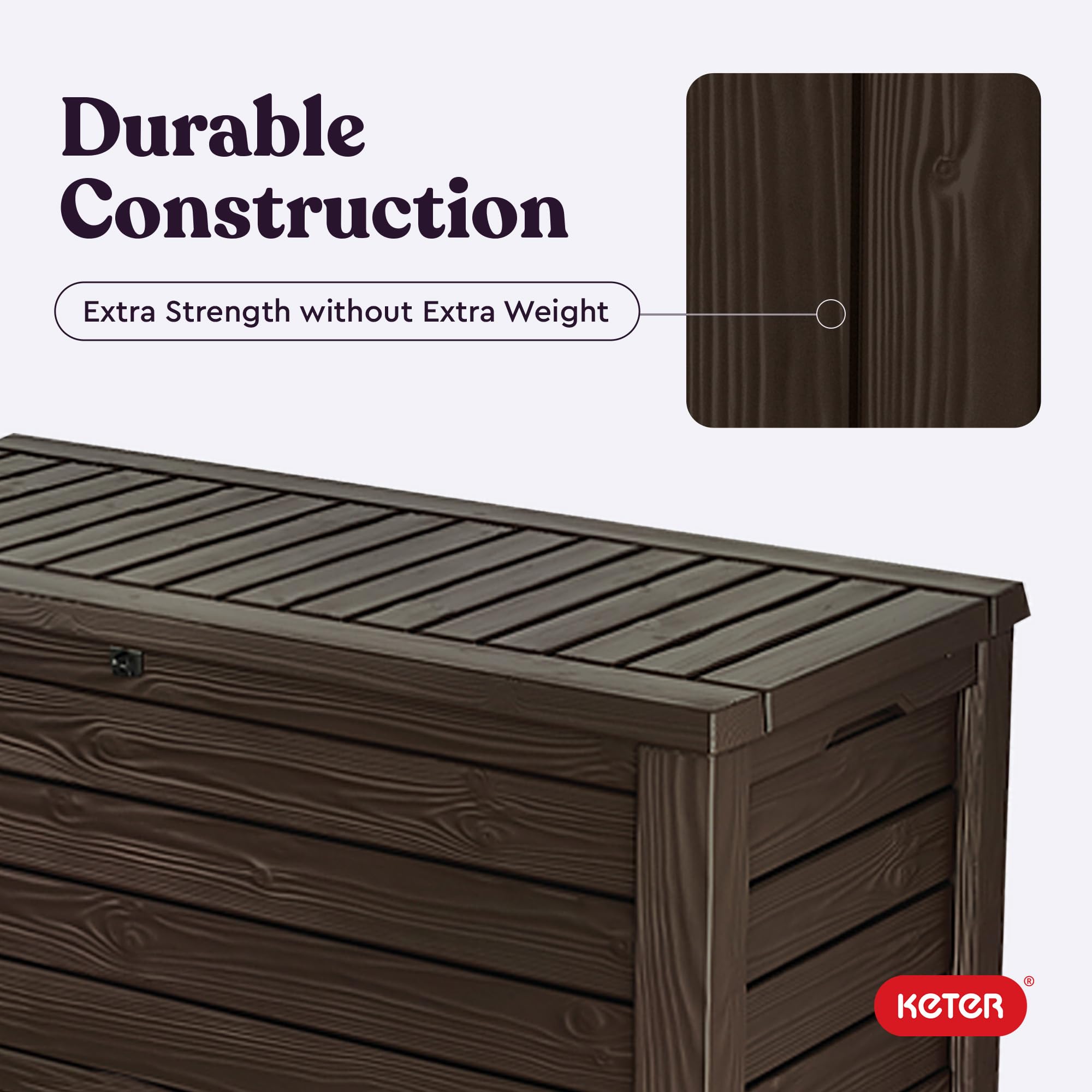 Keter 150 Gallon Outdoor Storage Deck Box with Seat - Wood Grain Brown Resin Patio Bin - Perfect for Backyard, Garden & Poolside Storage
