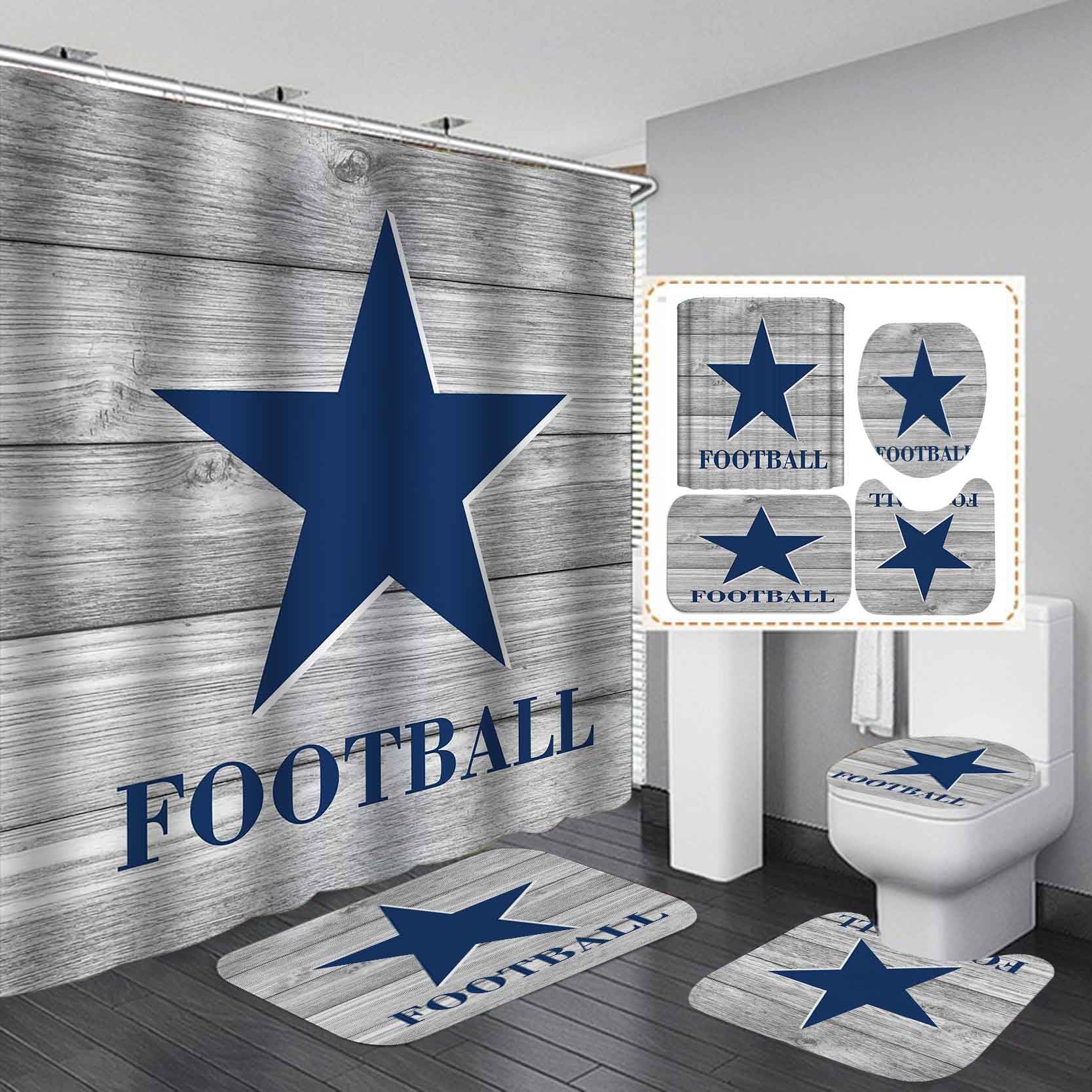 4PCS American Football Shower Curtain Set - Navy Blue Texas Star Rustic Wood Design for Sports Fans | Non-Slip Bathroom Decor for Men | Perfect for Game Day, Man Cave & Sports-Themed Bathrooms