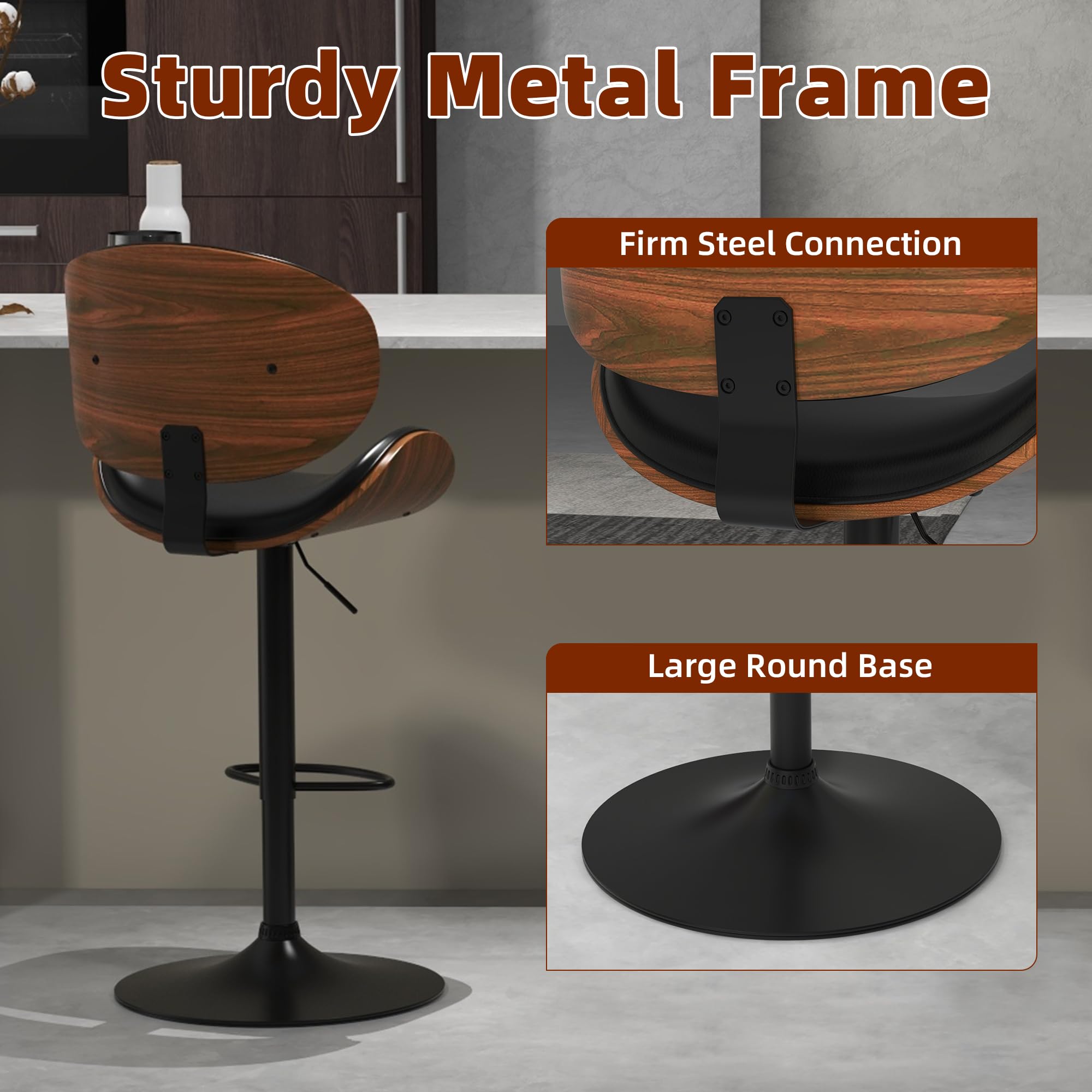 Civama 4-Piece Adjustable Swivel Bar Stool Set - Modern Kitchen Counter Height Stools with Bentwood Seat, Backrest & Footrest - PU Leather Bar Chairs for Kitchen Island, Dining Room, Restaurant & Home Bar Use