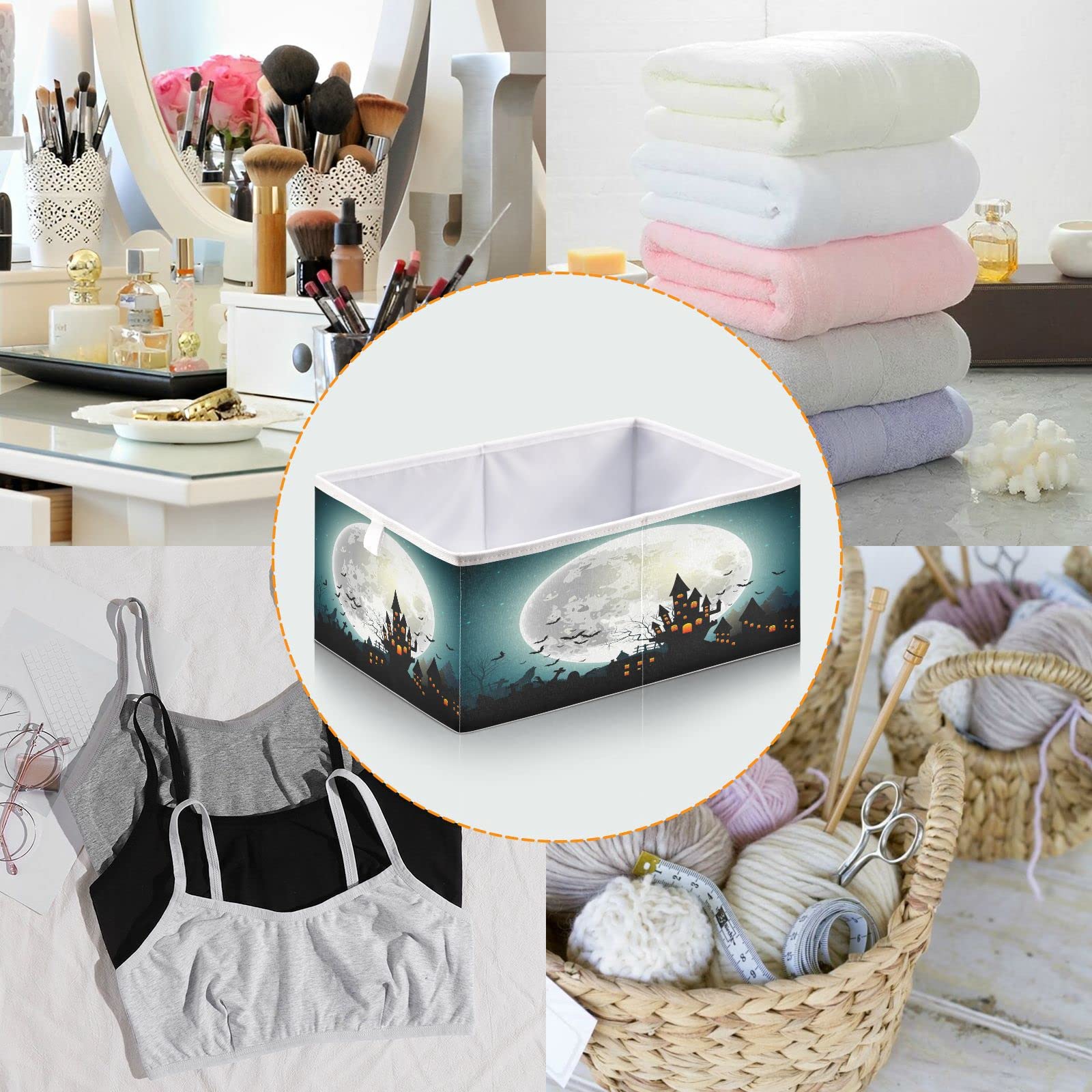 Halloween Castle Full Moon Foldable Storage Baskets - 16 x 11 Inch Collapsible Shelf Organizer for Toys, Books, Clothes & Pantry - Perfect for Home, Office & Closet Organization | Spooky Home Decor & Party Storage