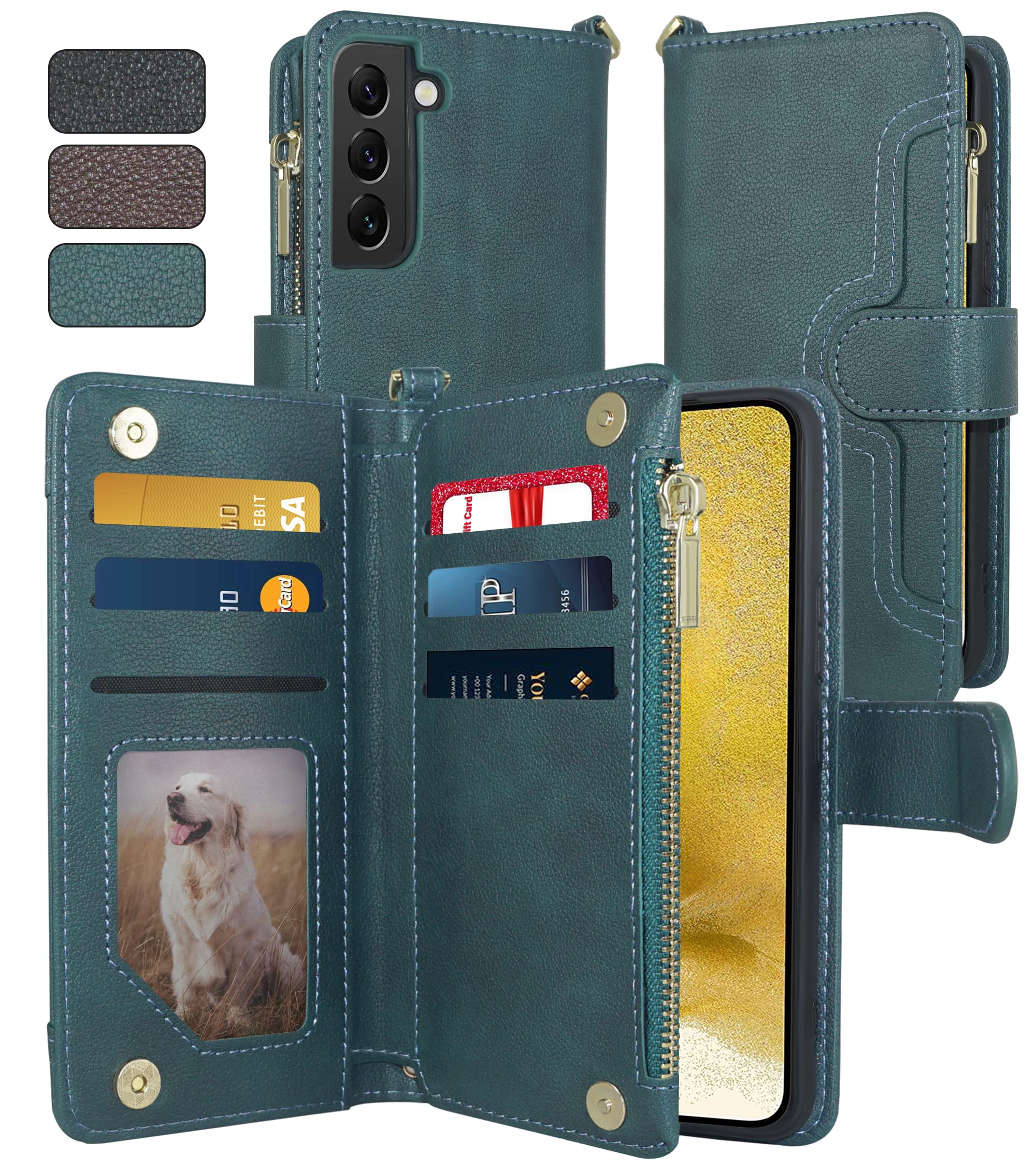 Premium Samsung Galaxy S22 Wallet Case - 6 Card Slots with Wrist Strap & Kickstand | PU Leather Flip Zipper Magnetic Cover for Women (Green) | Perfect for Daily Commute, Shopping & Travel Protection