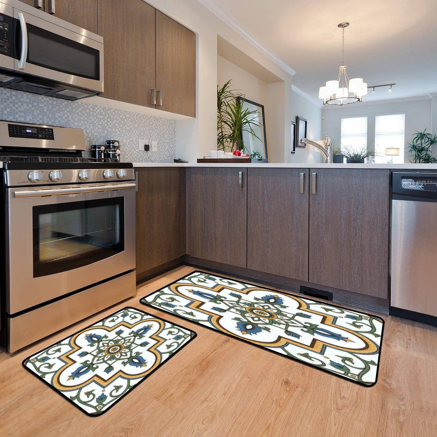Portugal Azulejo Kitchen Rugs Set - Non-Slip Washable Floor Mats for Kitchen & Bath Decor