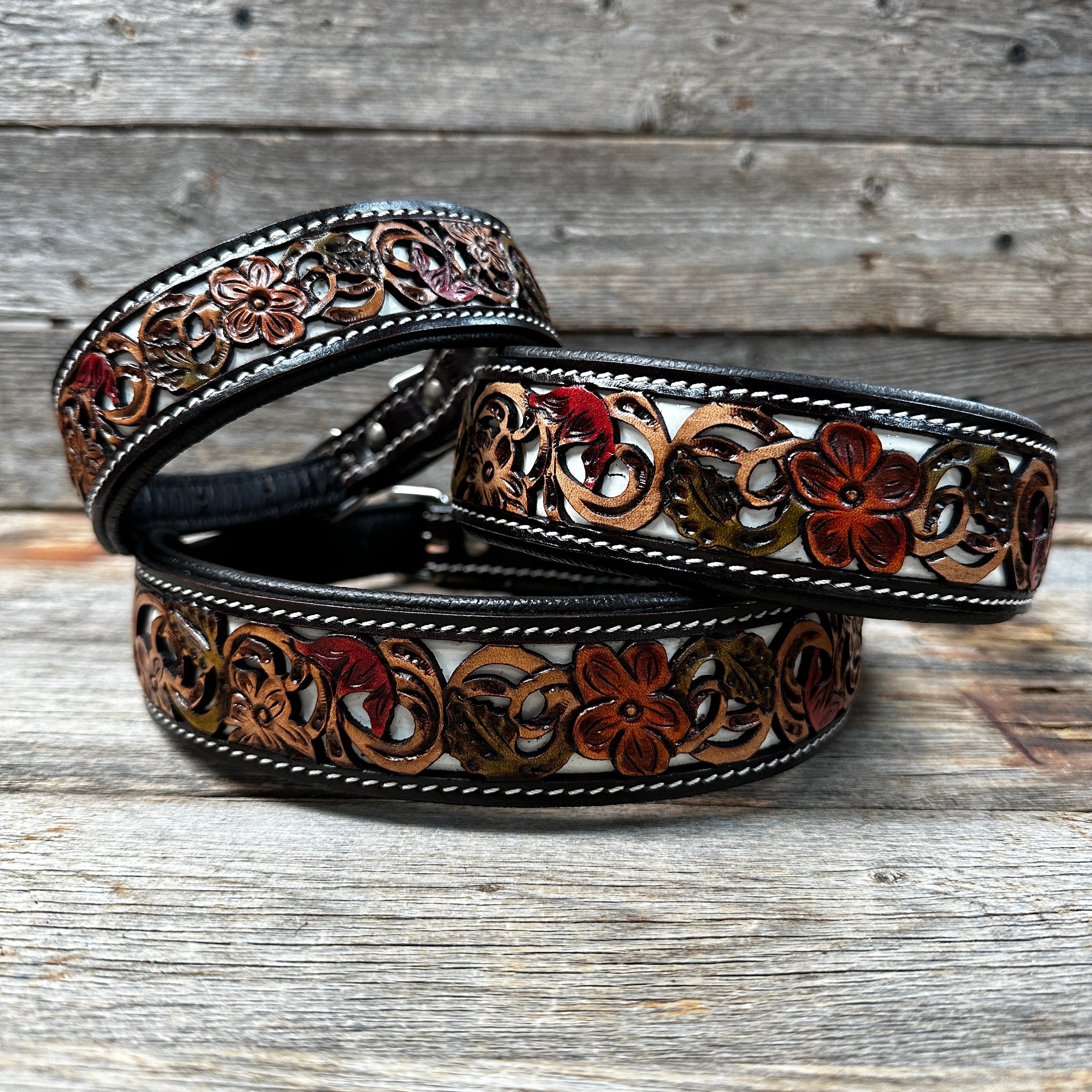 Floral White Inlay Wide Dog Collar for Medium & Large Breeds - Comfortable & Stylish Pet Accessory for Walks, Training, and Everyday Use - #HI100