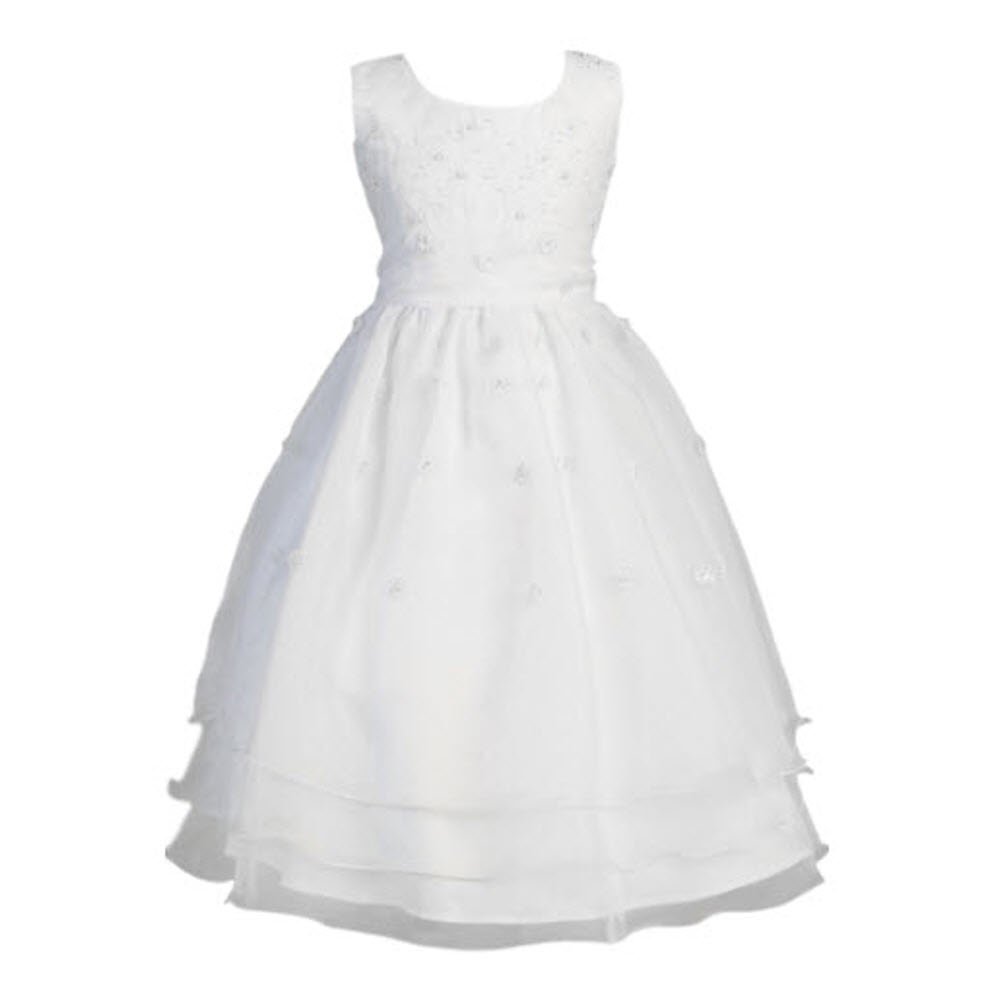 Elegant Swea Pea & Lilli White Sleeveless Embroidered Organza First Communion Dress with Pearled Bodice - Perfect for Church Ceremonies, Baptisms & Special Occasions