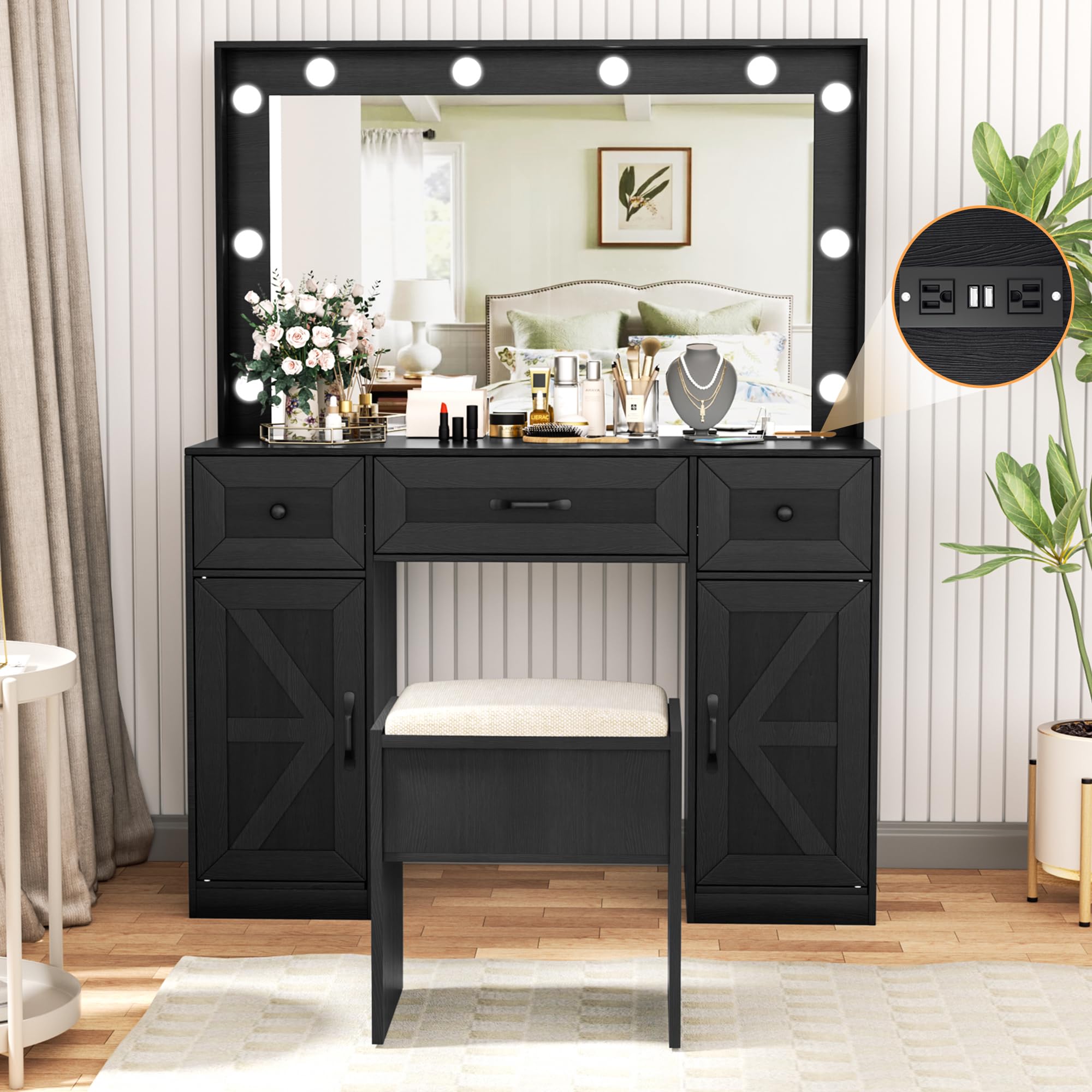 Greenvelly Makeup Vanity Table with LED Lighted Mirror - Black Vanity Desk with 3 Lighting Modes, Stool & Storage Drawers - Dressing Table for Women & Girls | Perfect for Bedroom, Bathroom & Beauty Salon Makeup Station