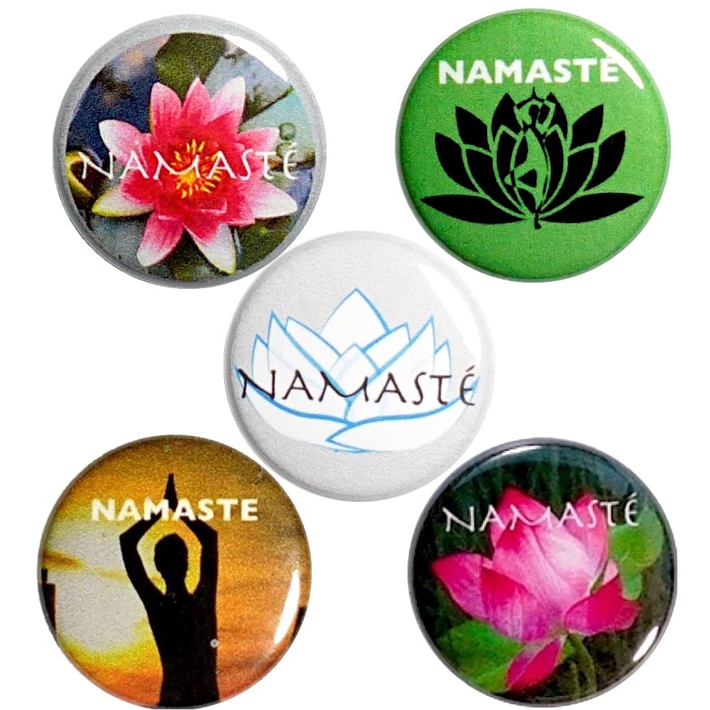 Namaste Buttons - 5 Pack Cute Cool Lapel Pins for Backpacks, Jackets & Yoga Apparel - 1 Inch Yoga Teacher & Yogi Gift Set - Perfect for Yoga Studios, Meditation Retreats & Boho Fashion Accessories