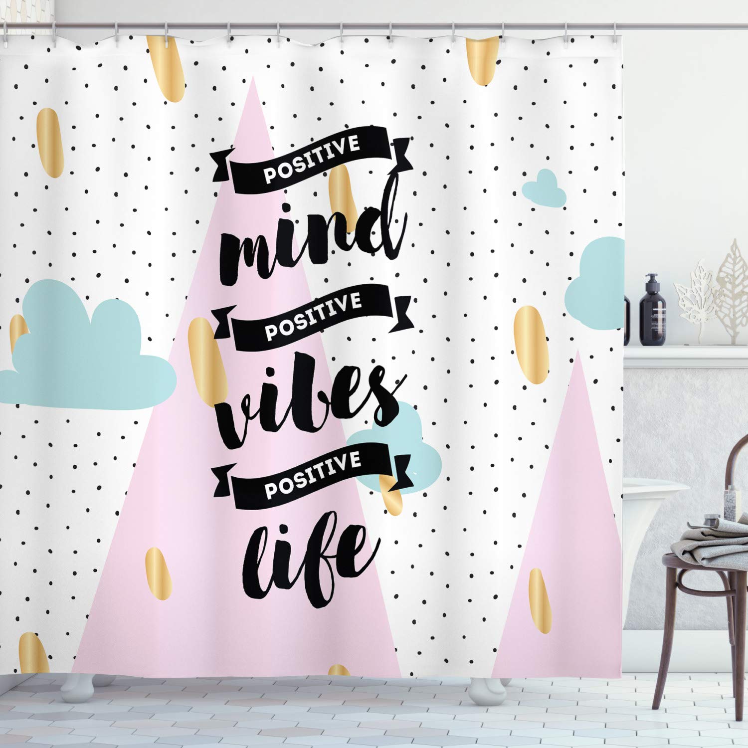 Ambesonne Positive Energy Shower Curtain - Abstract Design with Inspirational Words, 69x84 Inch Colorful Bathroom Decor Set with Hooks | Waterproof Fabric for Modern Bathrooms, Spa Retreats & Home Decor