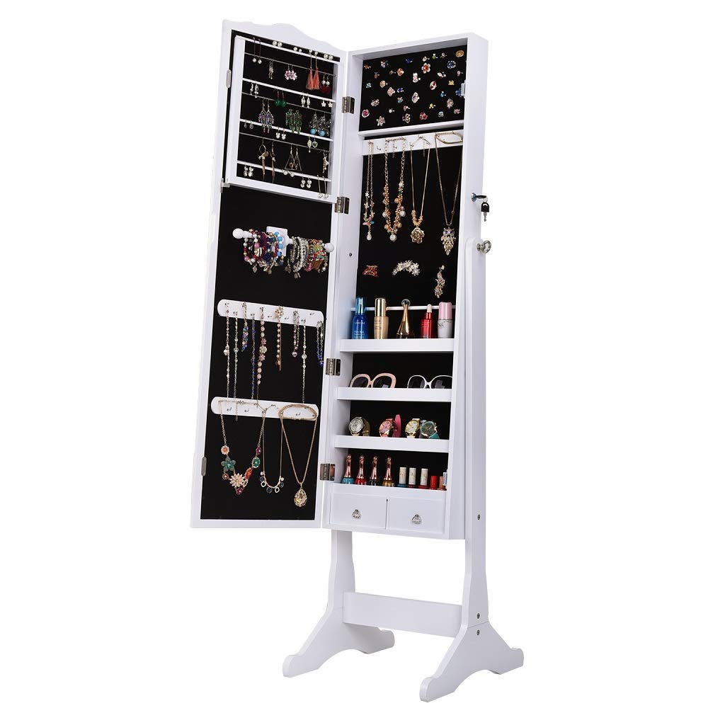 White Floor Length Jewelry Cabinet with Mirror - Home Office Storage Organizer for Jewelry, Accessories & Decor | Dressing Room, Bedroom & Closet Organization