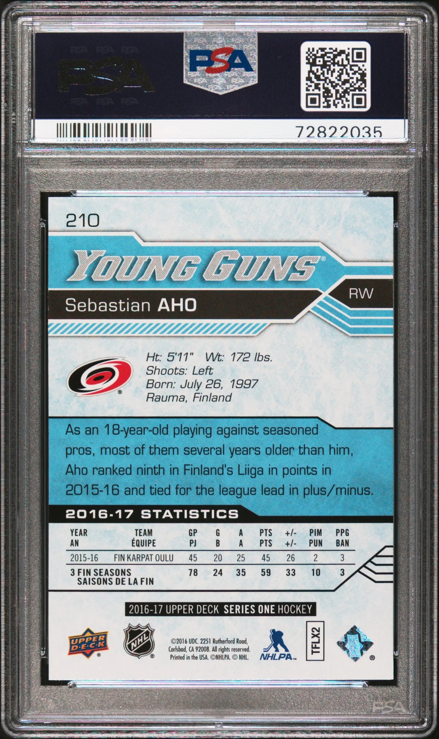 2016-17 Upper Deck Series One Hockey Sebastian Aho Young Guns Rookie Card PSA 10 Gem Mint - Perfect for NHL Collectors, Hockey Fans & Sports Memorabilia Enthusiasts