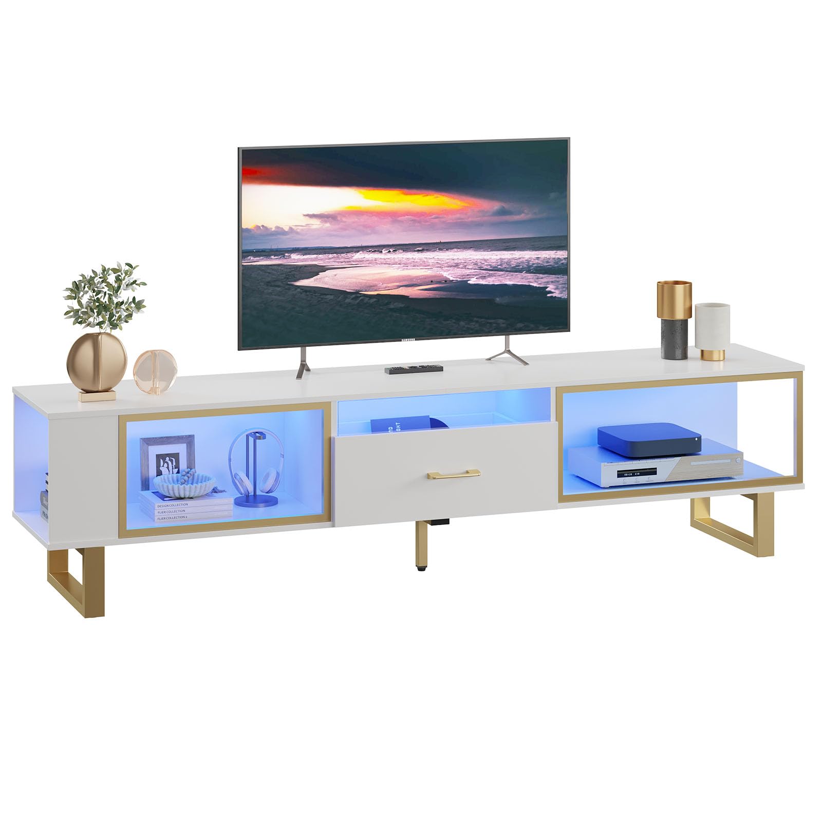 Bestier 80 Inch Modern TV Stand for 65-90 Inch TVs - High Gloss LED Gaming Entertainment Center with Open Storage & Half-Glass Drawers - White & Gold Media Console for Living Room, Bedroom & Home Theater Setup