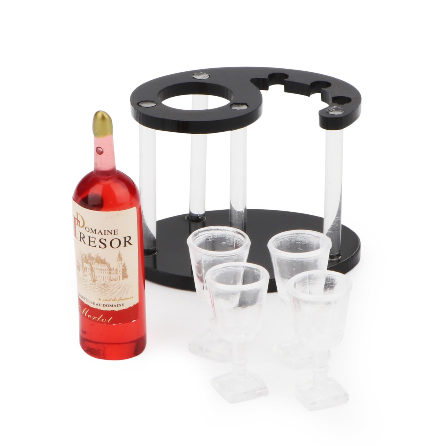Miniature Wine Glasses, Bottle & Spiral Rack Set - Dollhouse Bar Accessories, Kitchen Decor, Tabletop Display Holder (Red Bottle) - Perfect for Dollhouse Miniatures, DIY Crafts, and Collectible Displays