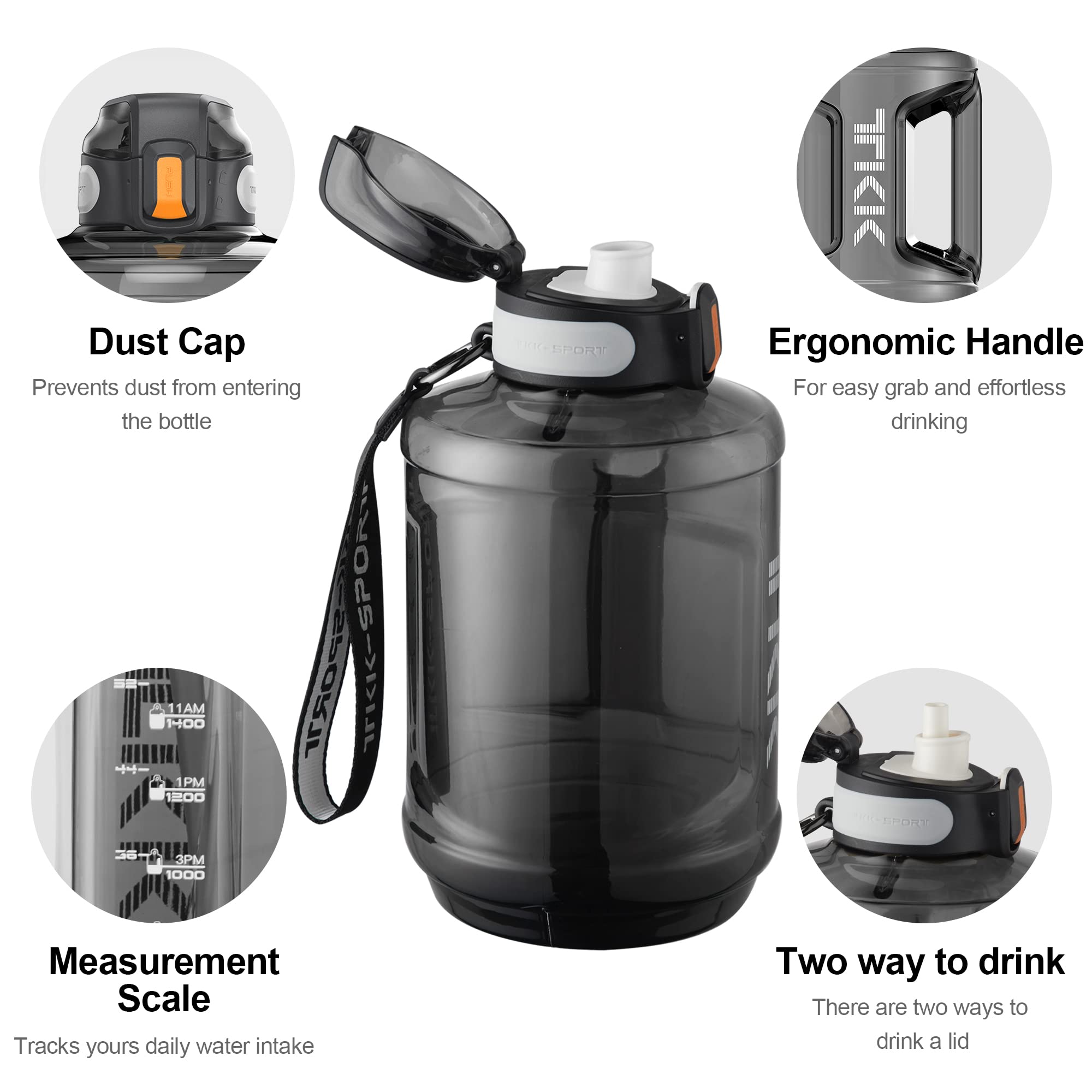 64oz Half Gallon Water Bottle with Straw, Strap & Handle - BPA Free Large 64oz Jug with Time Markings - Perfect for Gym, Workout, Hiking & Daily Hydration