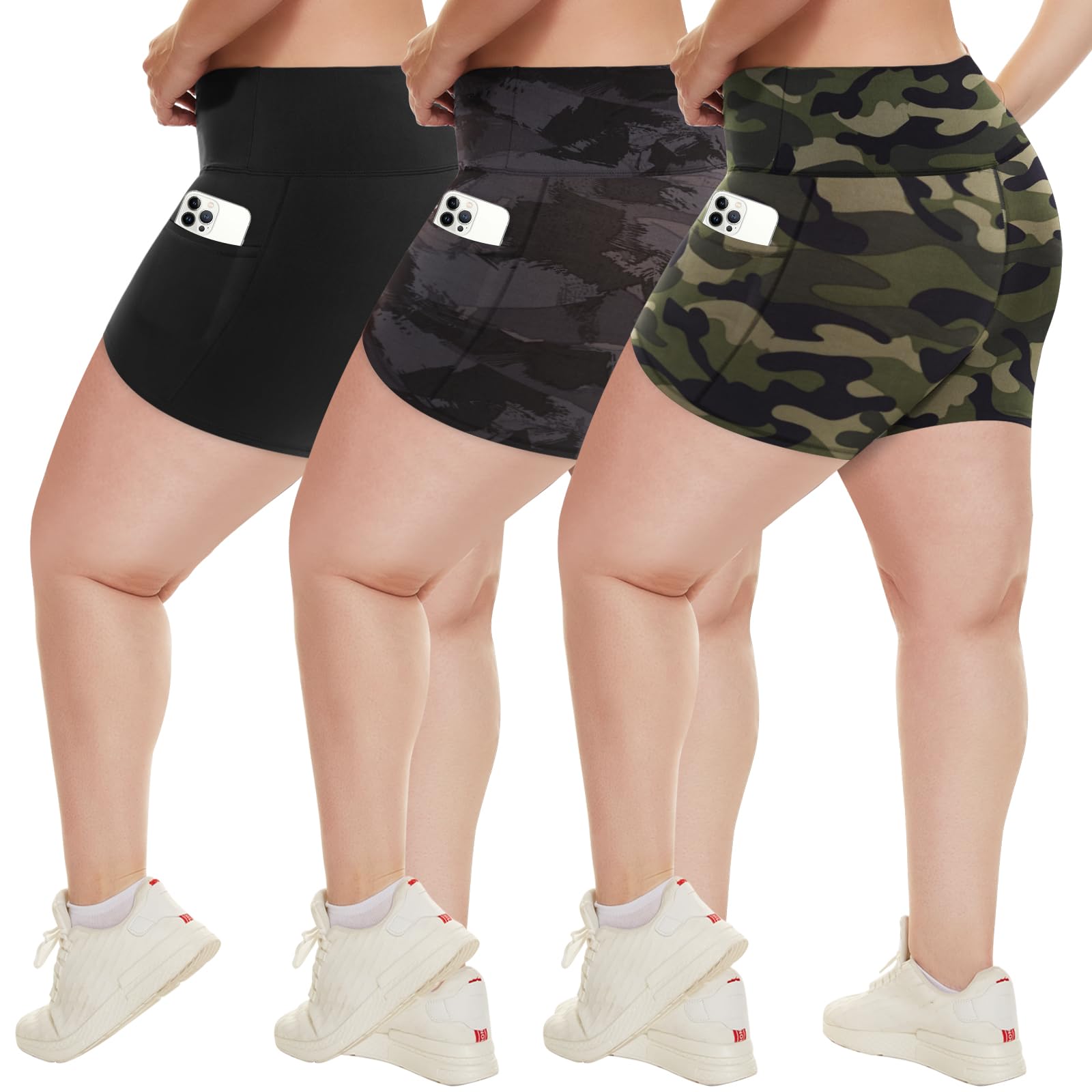 HLTPRO 3 Pack Women's Plus Size High Waist Yoga Shorts with Pockets - Breathable Spandex Biker Shorts for Workout, Running & Gym - Perfect for Yoga, Cycling and Active Lifestyle