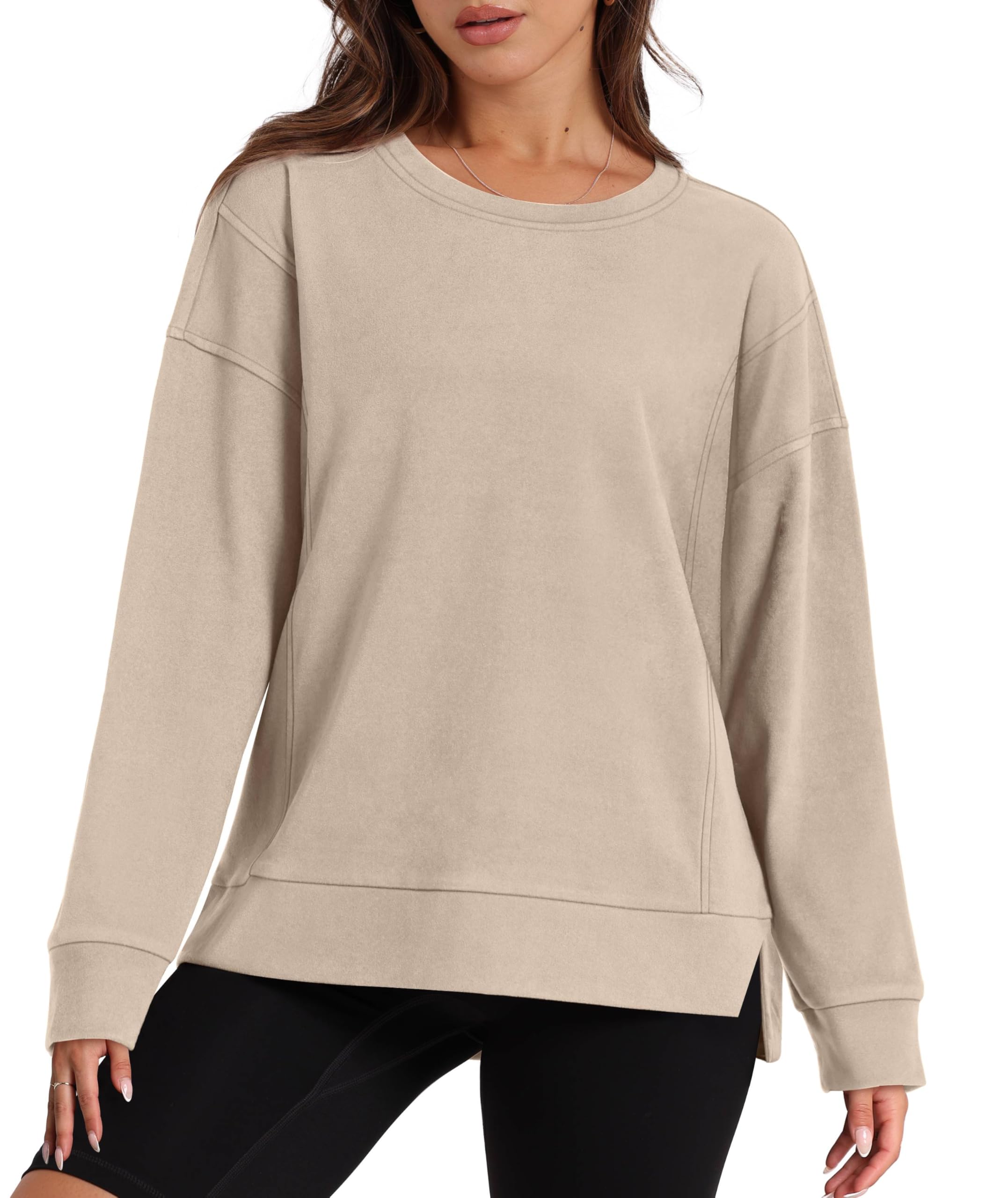 OFEEFAN Women's Crewneck Sweatshirt - Long Sleeve Loose Fit Fall Top with Side Slits | Casual Outfit, Layering Essential & Cozy Loungewear