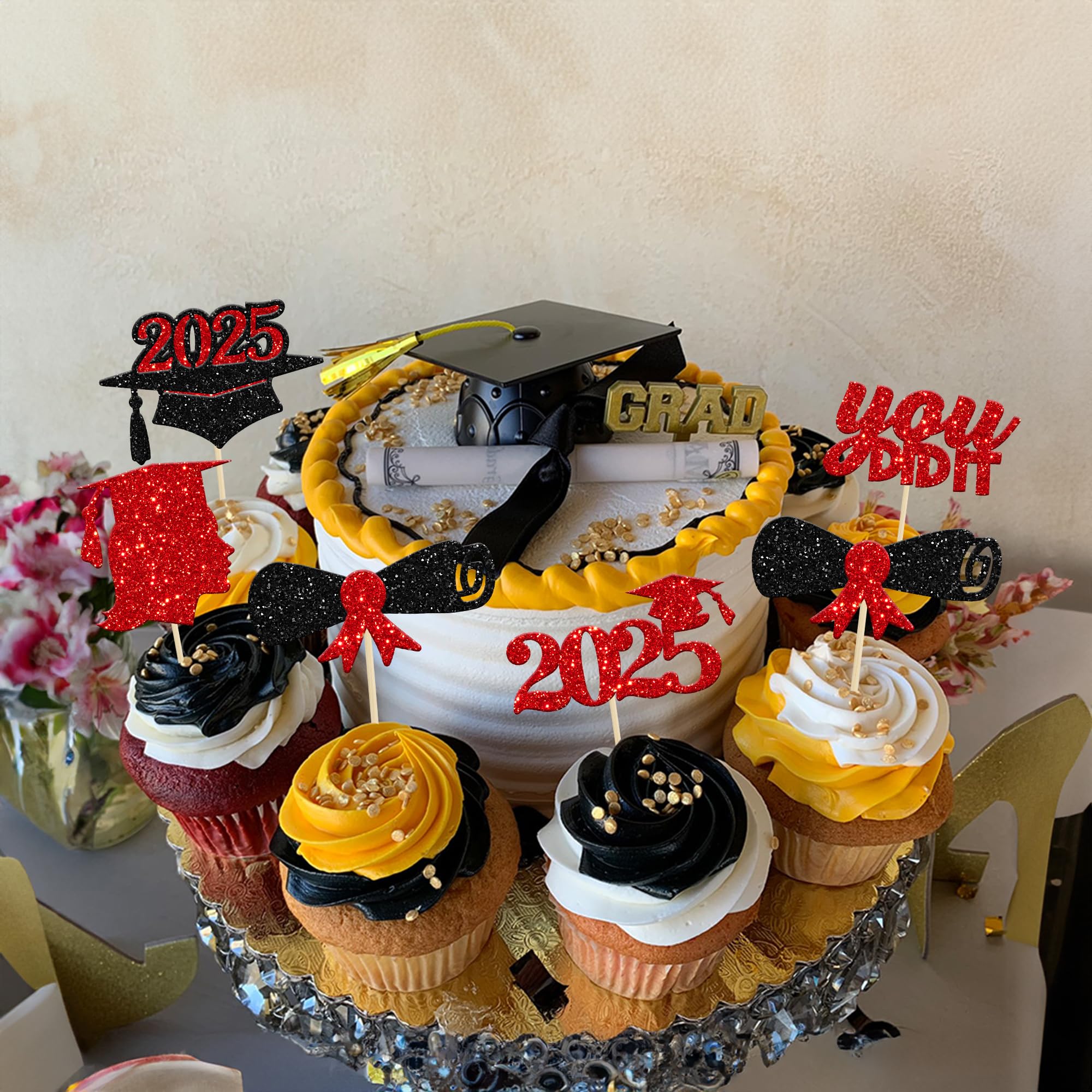 30Pcs Red Glitter Graduation Cupcake Toppers - Class of 2025 Diploma Cap Cake Decorations for Women & Girls | Perfect for 2025 Graduation Theme Party, Birthday Celebrations & School Events