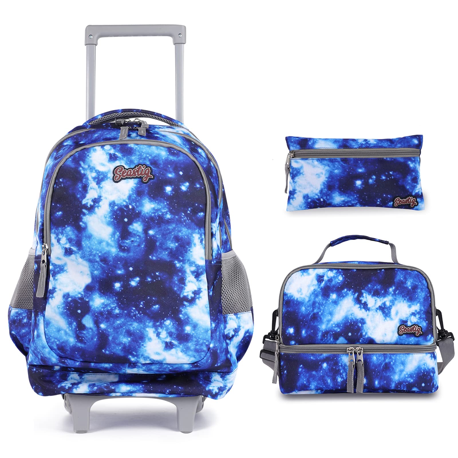 Seastig 18 Inch Rolling Backpack for Kids - Double Handle Wheeled Backpack with Detachable Lunch Bag Set | School Travel, Airplane Carry-On, Daily Commute for Boys & Girls