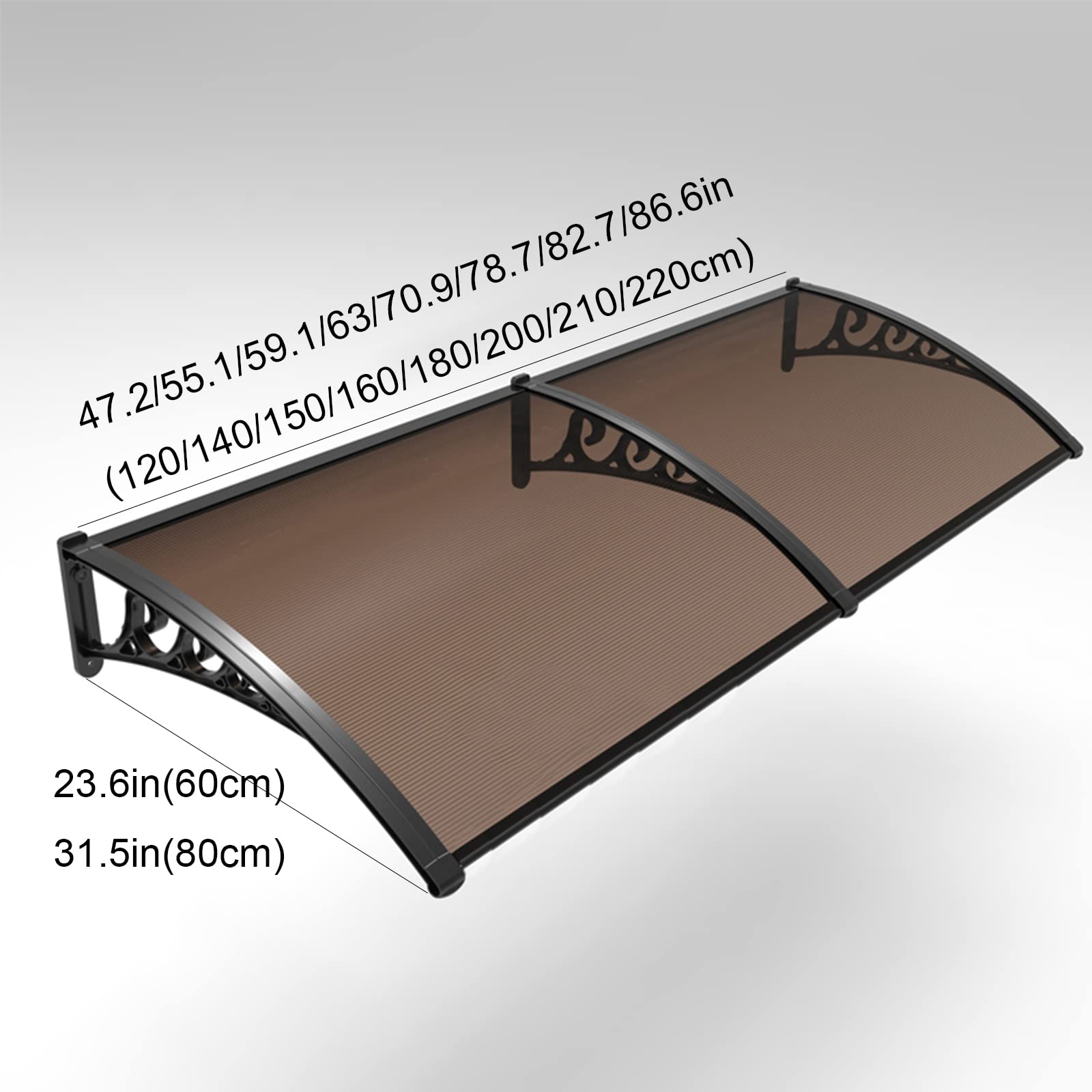 Modern Polycarbonate Front Door Canopy - 80x140cm (32x55in) UV Rain & Sun Protection Patio Awning with Brown Canopy & Black Bracket - Perfect for Entryway Shade, Window Covering, and Outdoor Weather Protection