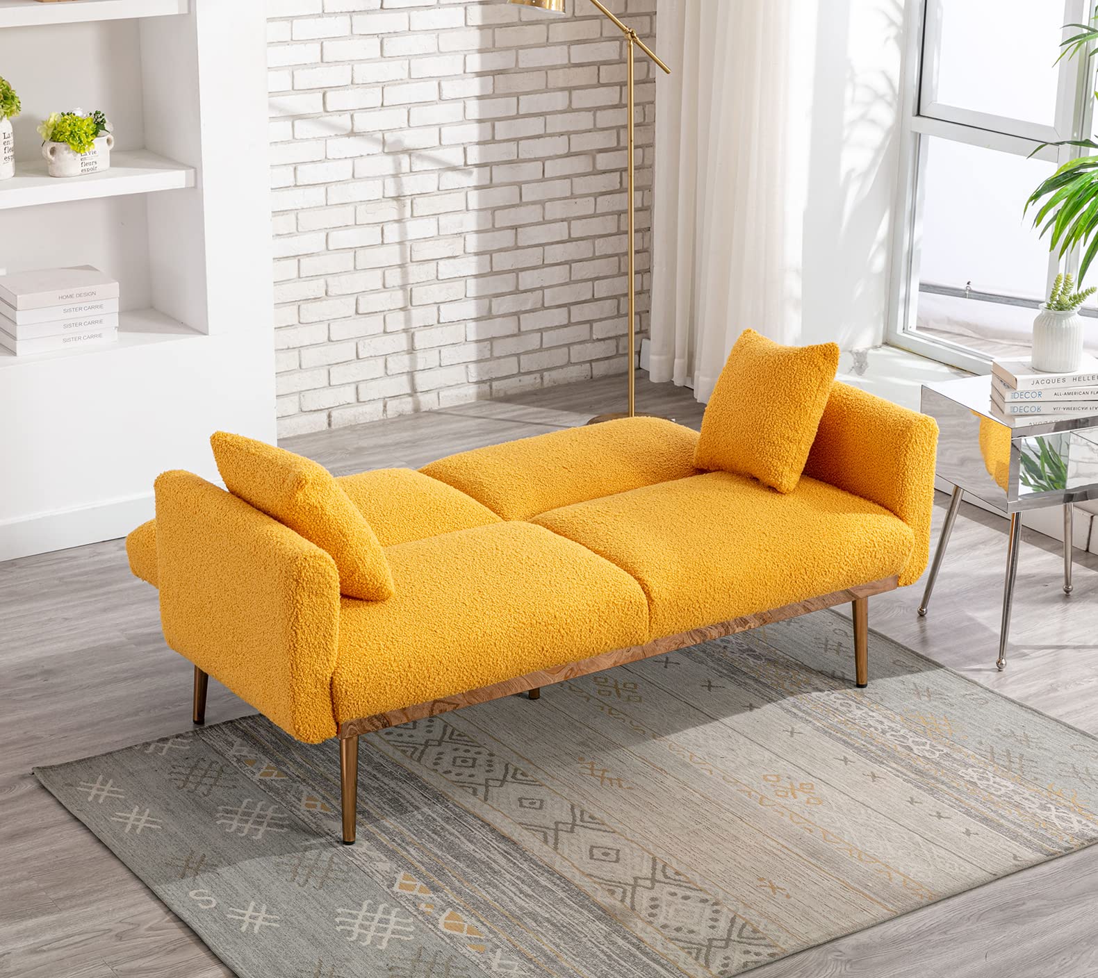 Antetek 3-Position Adjustable Futon Sofa Bed - Modern Convertible Loveseat Sleeper with 5 Metal Tapered Legs & 2 Decorative Pillows, Mustard Teddy Fabric - Perfect for Small Apartments, Guest Rooms & Home Offices