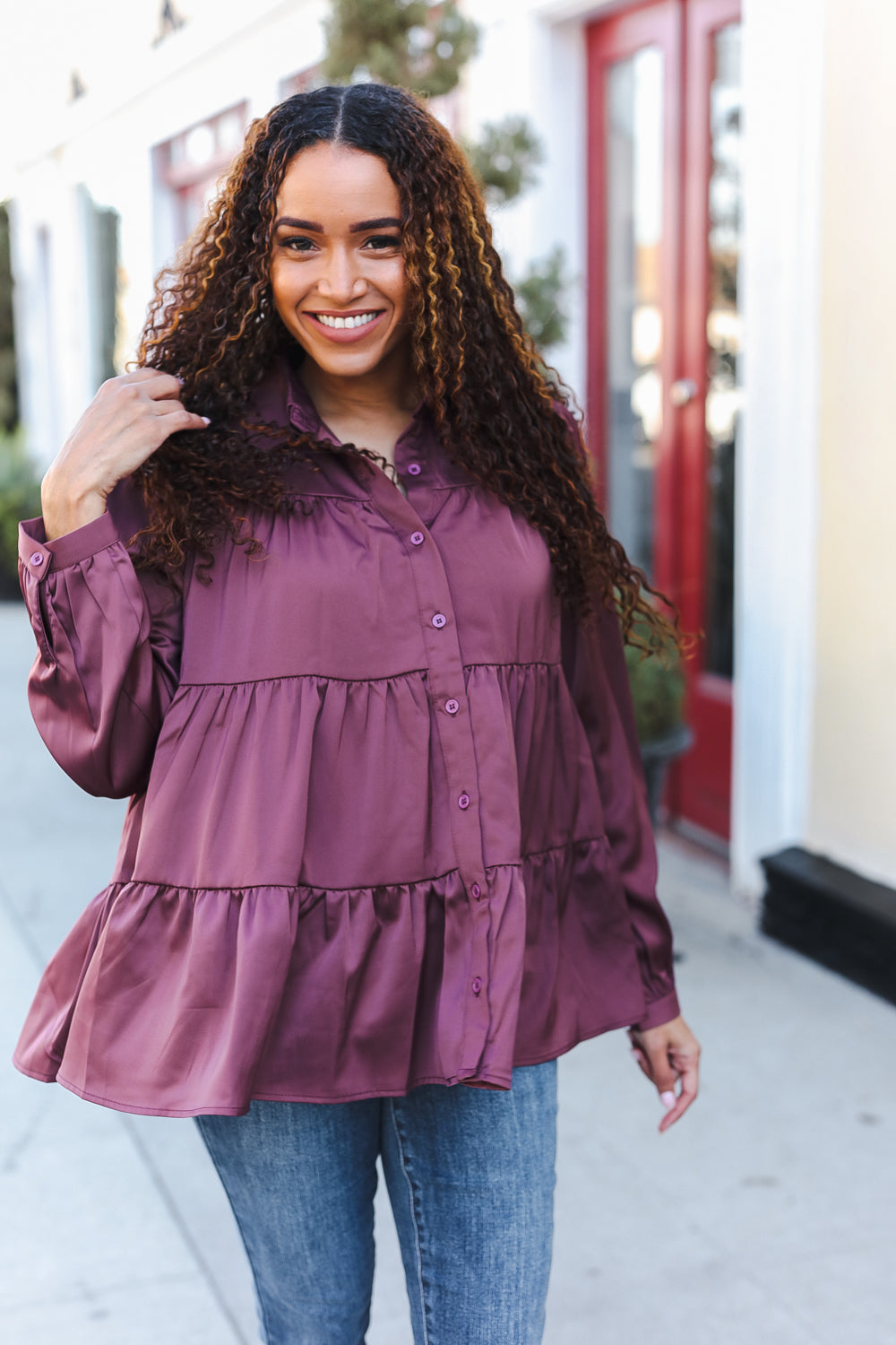 Burgundy Satin Babydoll Top with Button Down & Tiered Design - Perfect for Date Nights, Parties & Casual Outfits