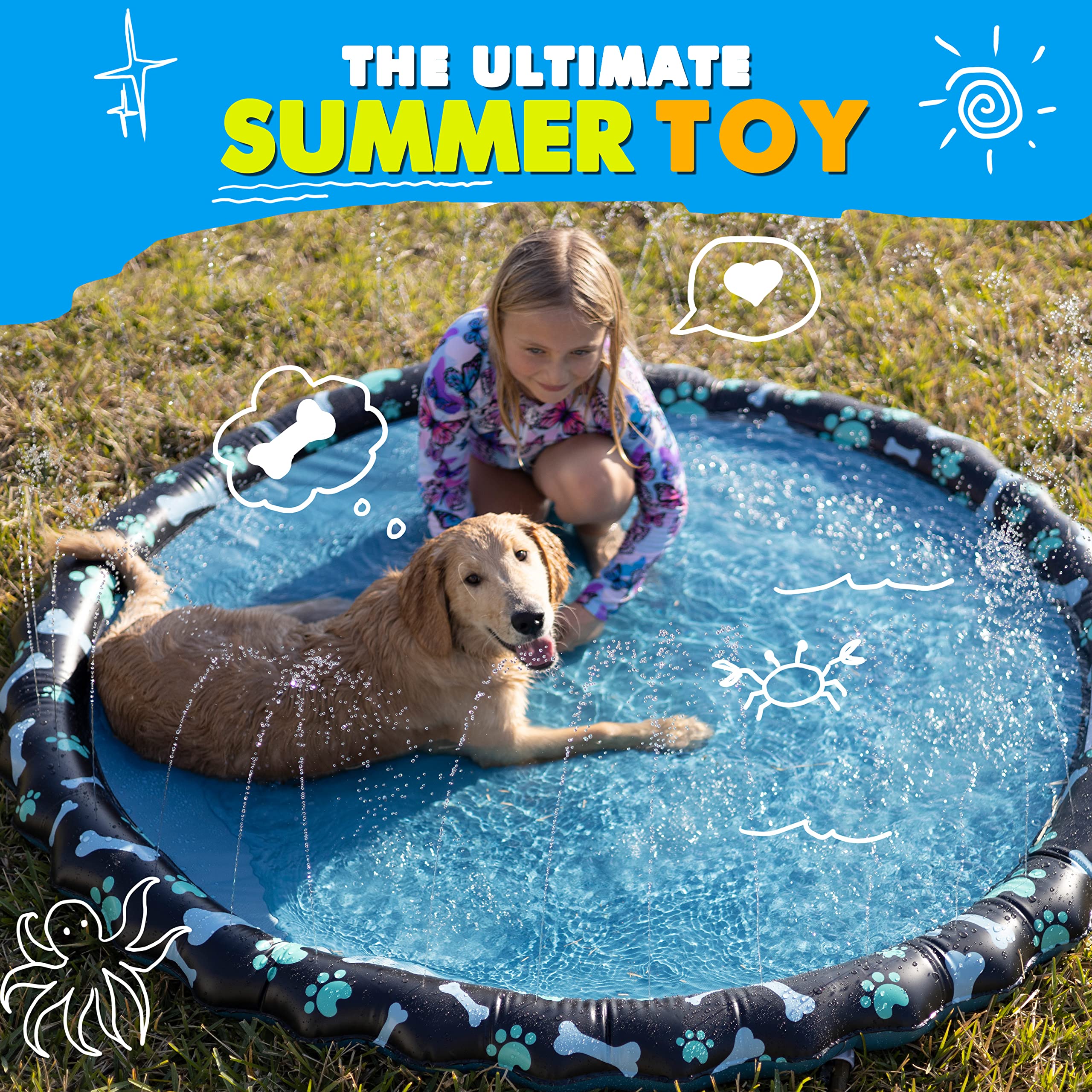 Non-Slip SplashEZ Splash Pad for Kids & Dogs - 69’’ Extra Large Outdoor Water Play Mat, Summer Sprinkler Toy for Toddlers 1-3 & Children 4-8 - Perfect for Backyard, Park, and Beach Water Fun