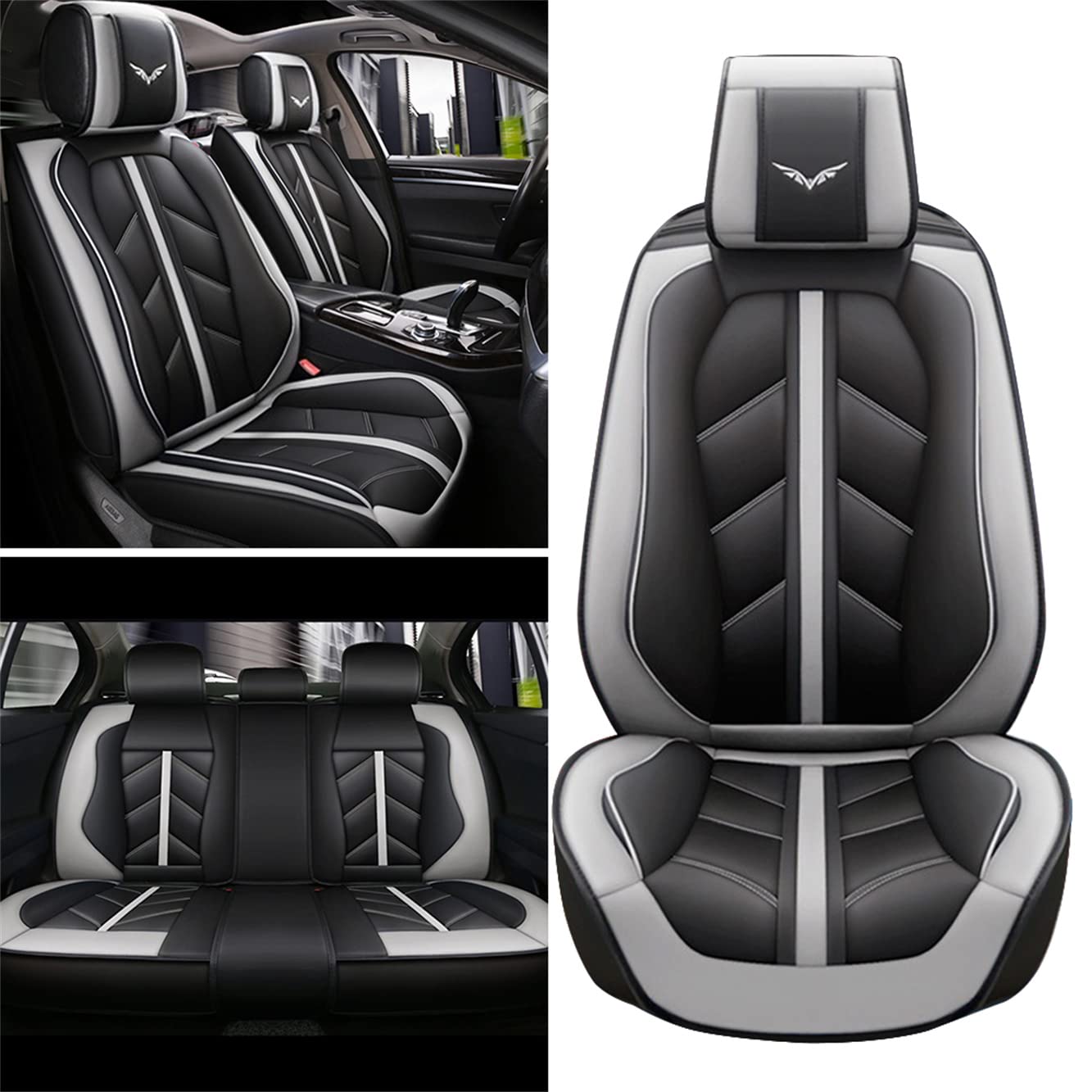 Vonzasi Waterproof Leather Car Seat Covers Full Set for Hyundai Santa Fe Sport 2014-2018 Models - 5 Seat Protection Covers, Airbag Compatible (Black & Grey) | Perfect for Road Trips, Daily Commute & Family Travel