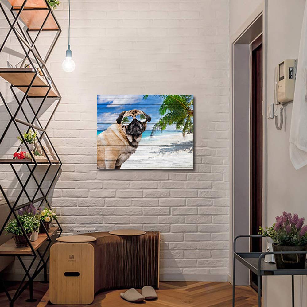 Chucoco Cool Pug Dog with Sunglasses Canvas Wall Art - Summer Beach Painting on Stretched Framed Canvas - Ready to Hang Home Decor - Perfect for Living Room, Bedroom & Office Wall Decor