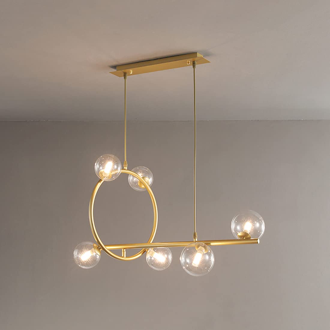 6-Light Gold Glass Globe Pendant Chandelier with Magic Bean Molecule Orb Shade - Modern Linear Lighting Fixture for Dining Room, Kitchen, Bedroom - Clear Shade, 6-Light - Perfect for Home Decor, Restaurant Lighting, and Office Spaces