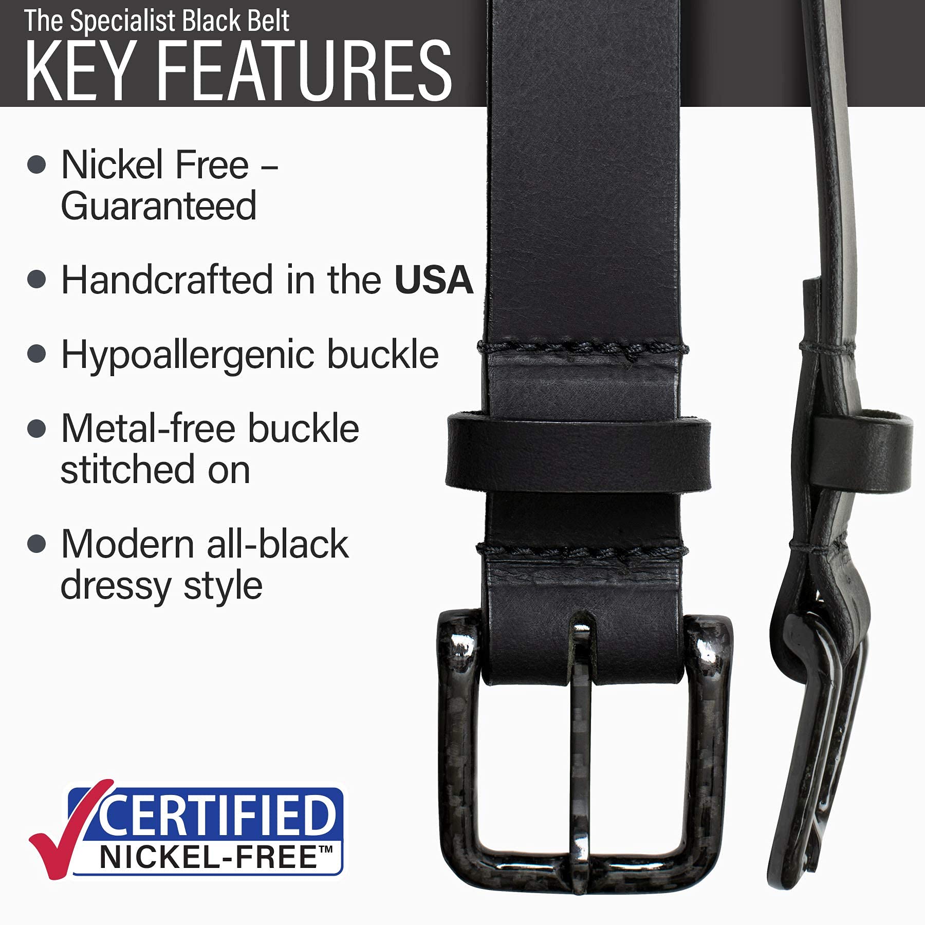 Premium USA-Made Full Grain Leather Belt with Carbon Fiber Buckle - Nickel Free, TSA Friendly - Perfect for Business, Travel & Everyday Wear