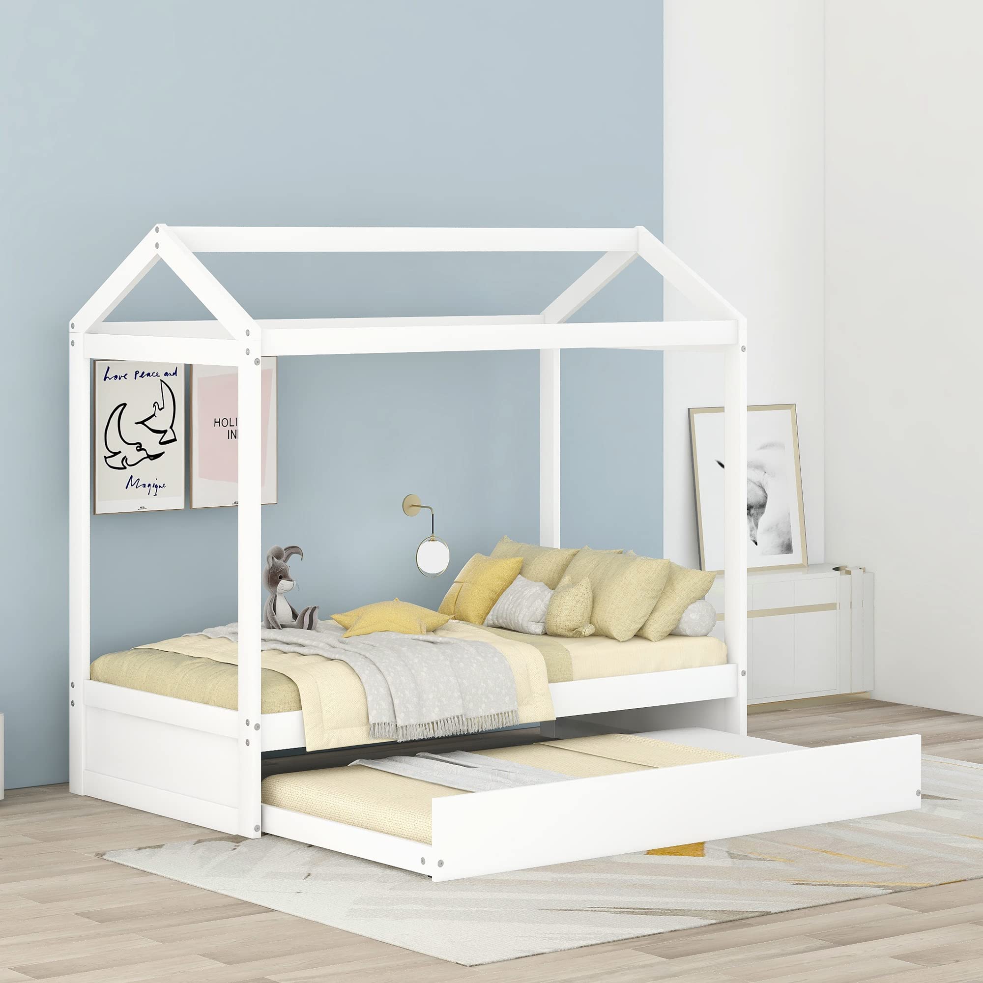Harper & Bright Designs Twin Size Wooden Playhouse Bed Frame for Kids with Trundle & Roof - Montessori Style House Bed for Boys & Girls, No Box Spring Needed (White) - Perfect for Bedrooms, Playrooms & Imaginative Play Spaces