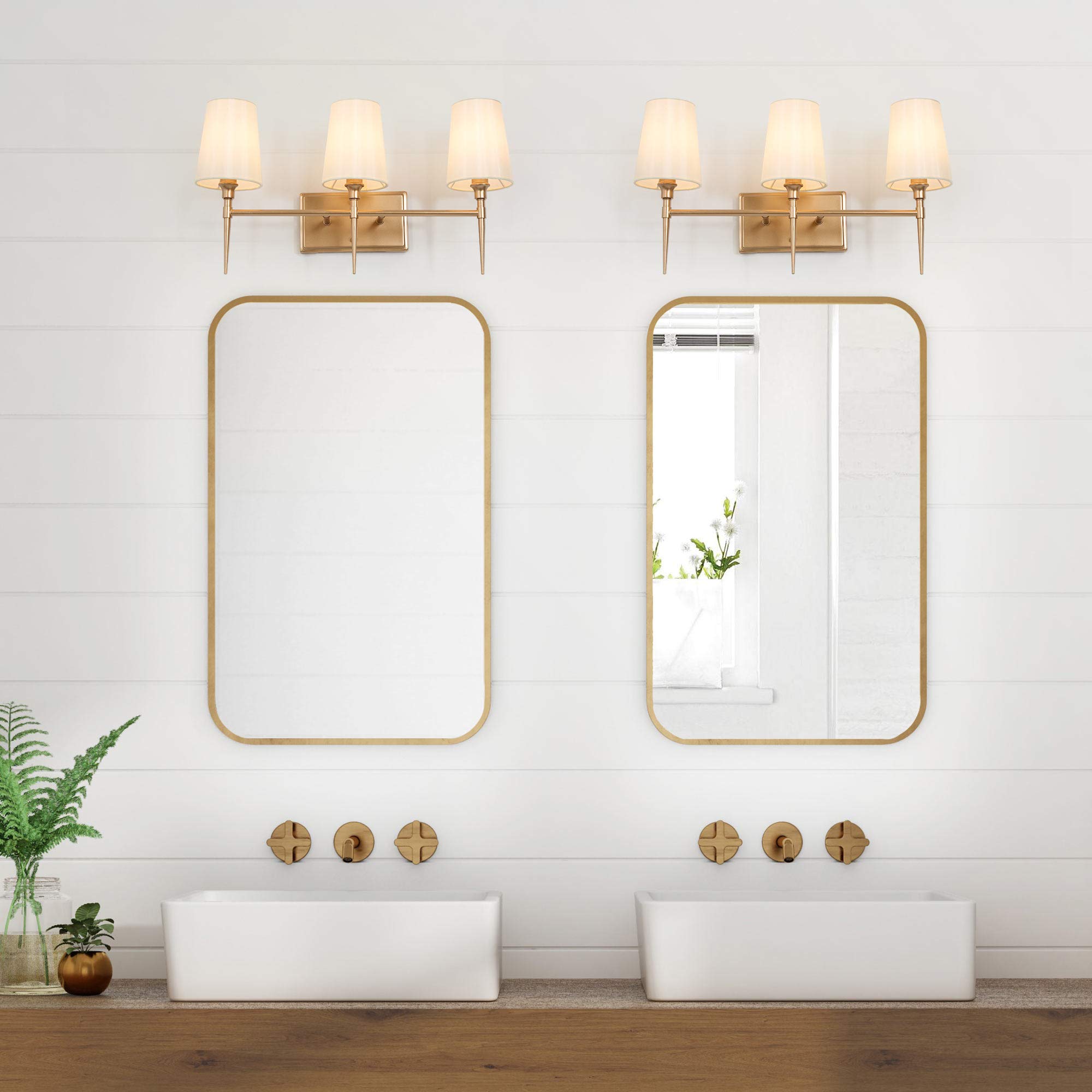 Classy Leaves 3-Light Gold Vanity Lights - Modern Bathroom Lighting Fixture with White Fabric Shade (23