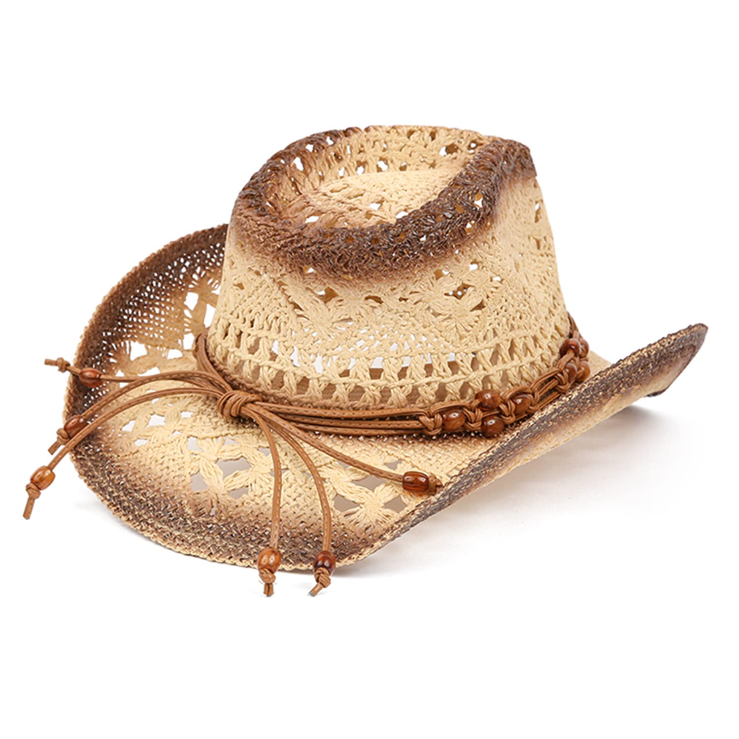 TOVOSO Shape-It Brim Straw Cowboy Hat for Women & Men - Western Style Sun Hat with Beaded Accents in Orange/Tea Stain - Perfect for Rodeo, Music Festivals & Beach Vacations