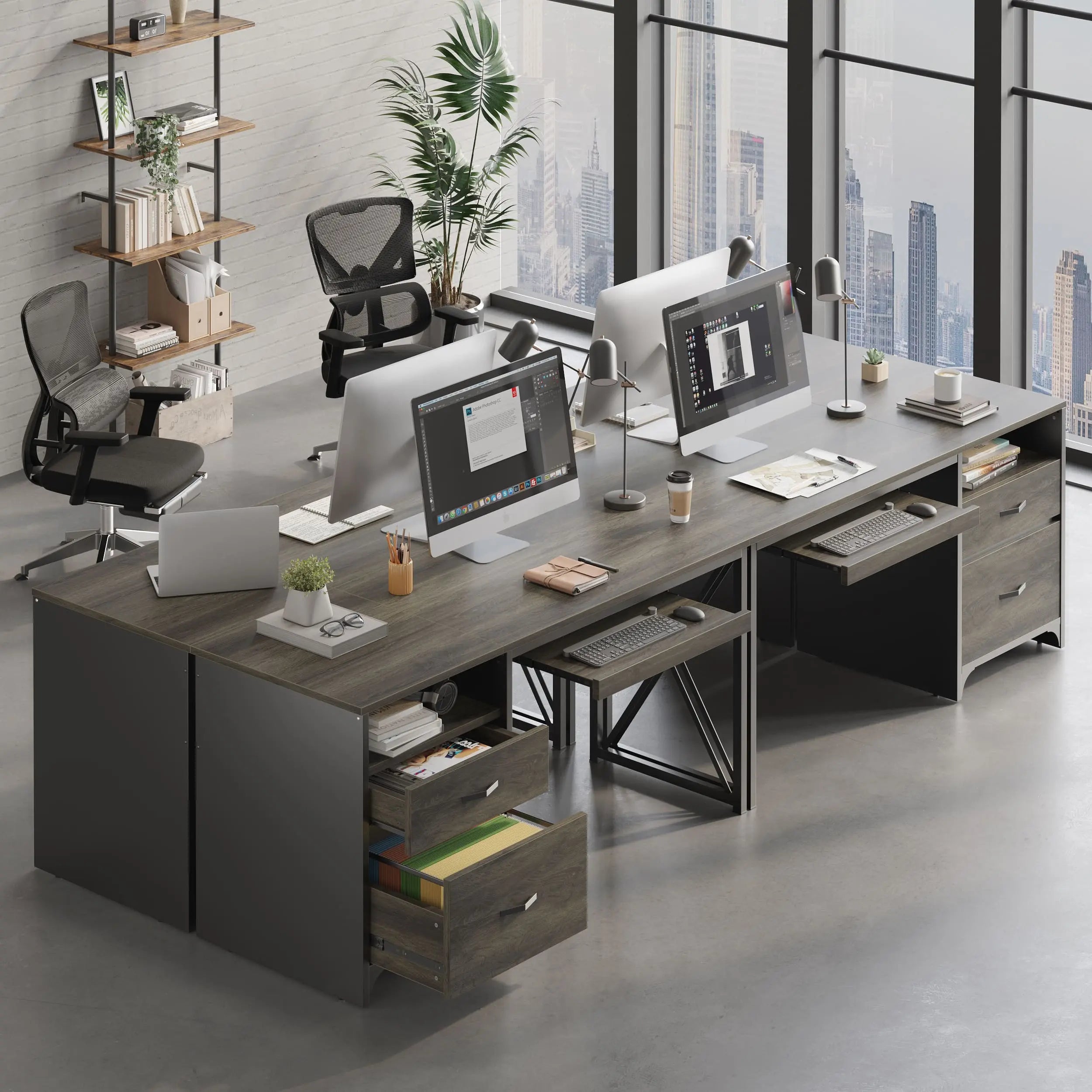 Bestier 55 Inch Industrial Office Computer Desk with Storage Shelf - Modern L-Shaped Writing Desk for Home Office, Gaming & Study - Sturdy Metal Frame Workstation with Drawers & Open Storage Space