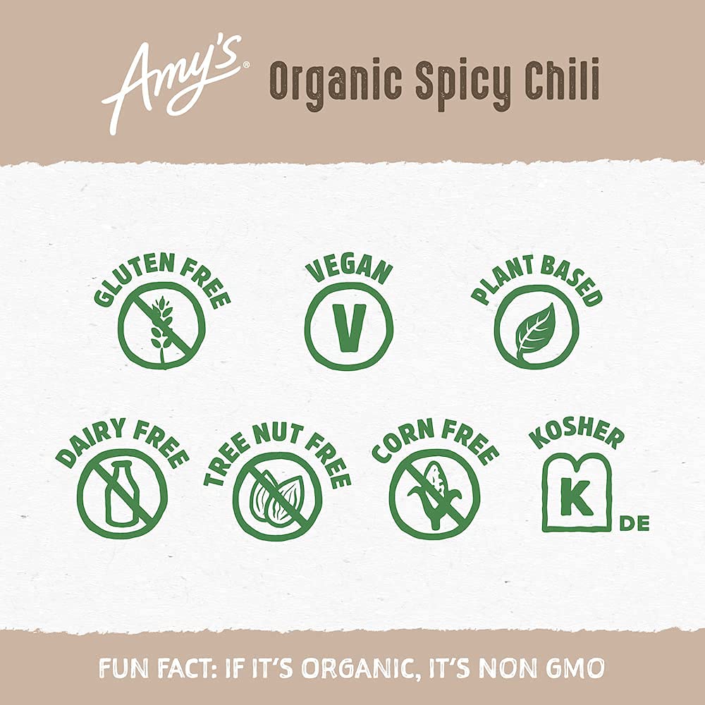 Amy's Organic Vegan Spicy Chili - Low Sodium, Gluten Free, Made with Red Beans & Tofu - 14.7 Oz (12 Pack) - Perfect for Camping, Quick Lunches & Emergency Food Storage