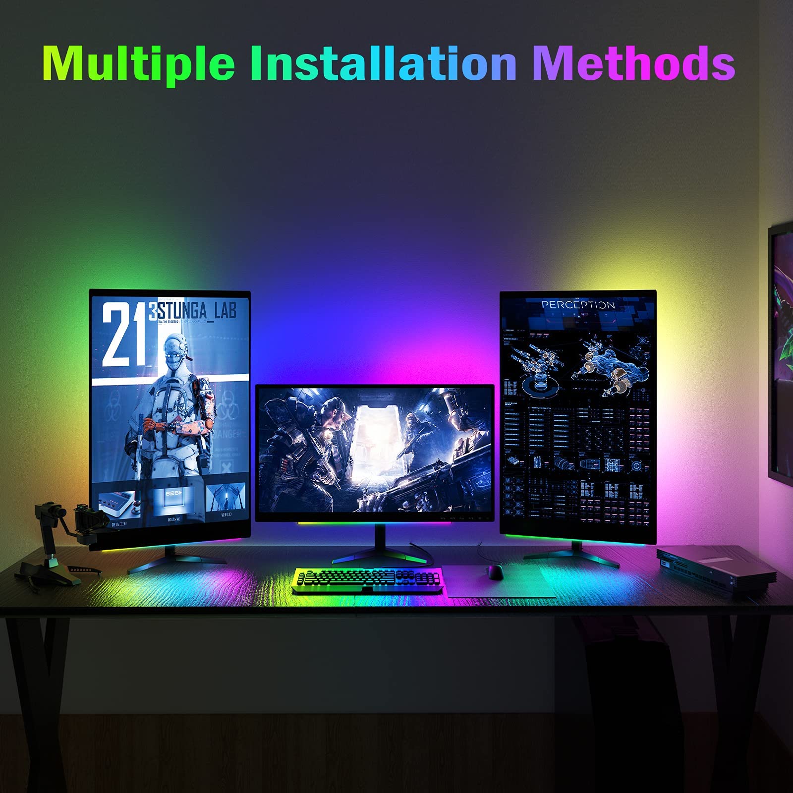 RGB LED Under Monitor Light Bar - Dimmable USB-Powered Gaming Desk Lamp with Dynamic Rainbow Effects & Remote Control | Adjustable Brightness & Speed for Computer Setup, Home Office, Streaming Studio & Gaming Room Lighting