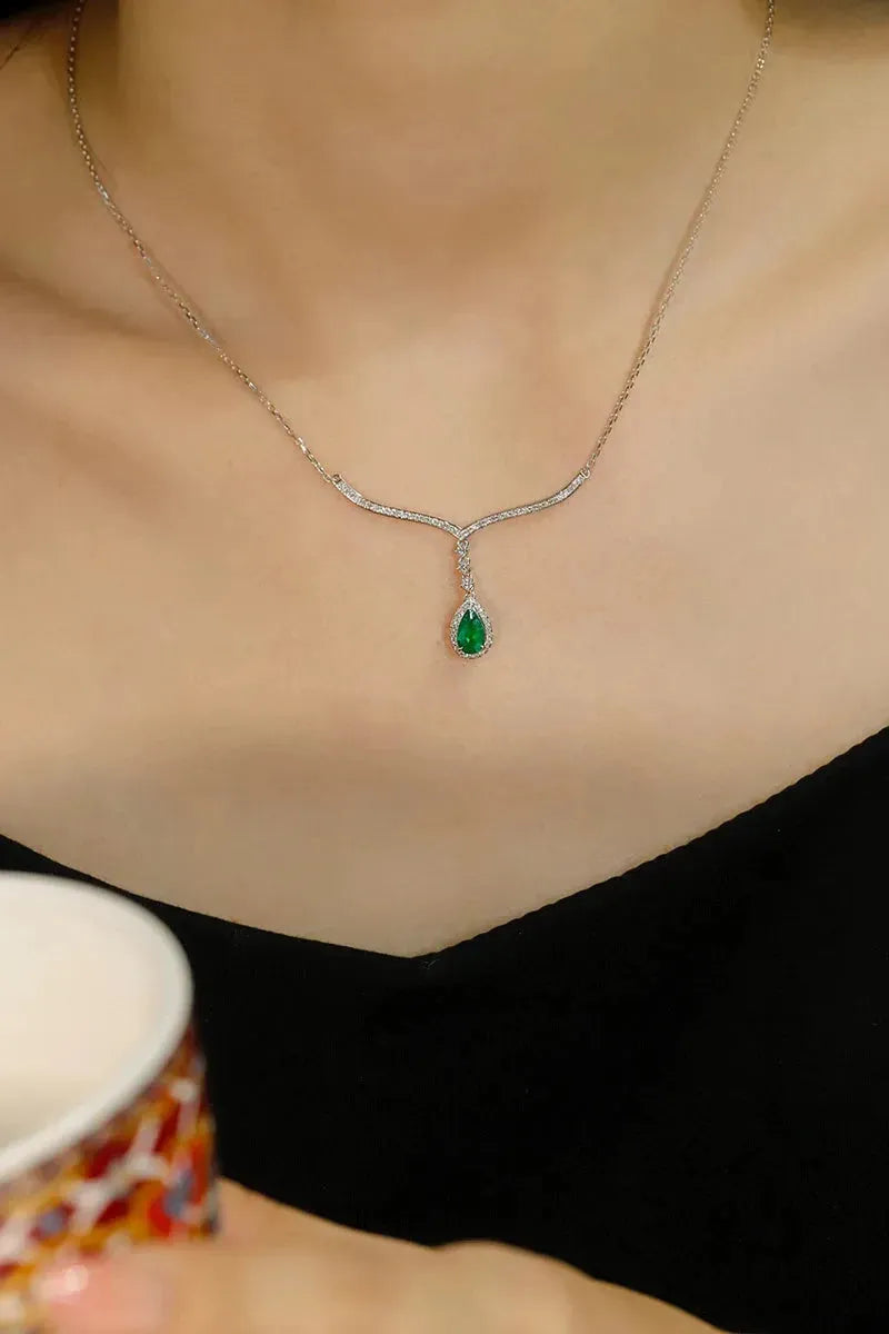 18K White Gold Diamond & Emerald Drop Necklace for Women - Elegant Water Drop Pendant, Real Natural Gemstone Jewelry for Parties, Weddings & Special Occasions