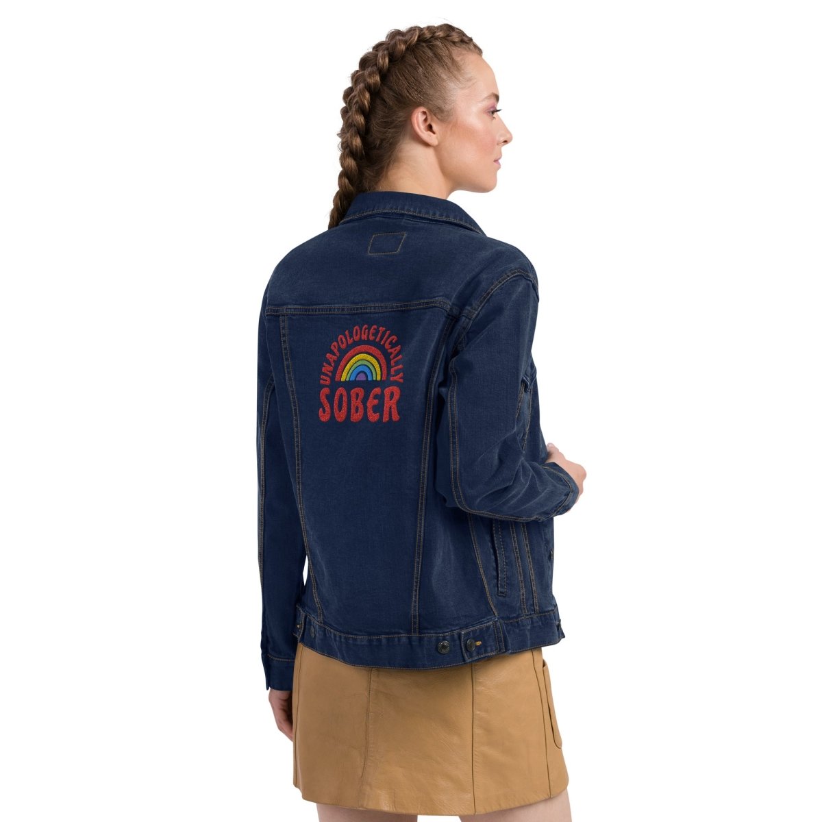 Unapologetically Sober Embroidered Denim Jacket for Men & Women | Vintage Style Distressed Denim Coat | Perfect for Casual Wear, Music Festivals & Street Fashion