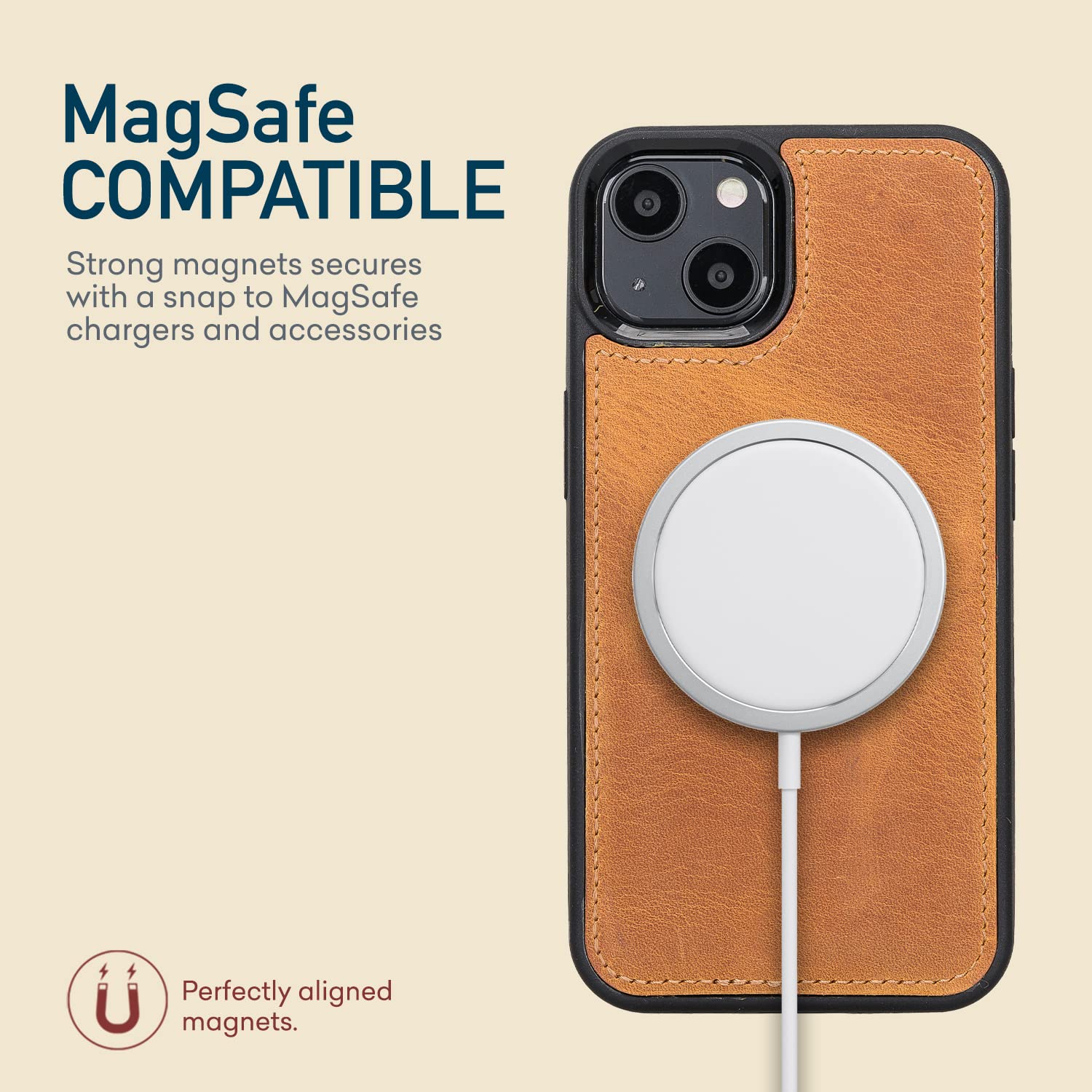 Bayelon Premium Full Grain Leather iPhone 13 Case with Detachable Magnetic Wallet - 2-in-1 Flip Cover with Card Slots & Kickstand | MagSafe Compatible (Antique Camel) for Work, Travel & Everyday Protection