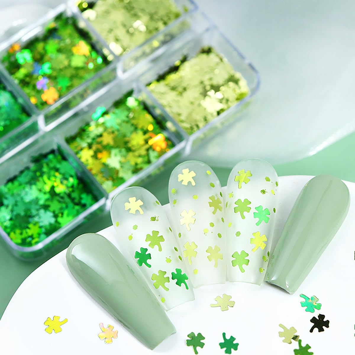 6 Grids St. Patrick's Day Nail Art Glitters - 3D Holographic Green Shamrock Nail Stickers, Irish Sequins & Sparkle Confetti Flakes for DIY Clover Nail Designs | Perfect for Women's St. Patrick's Day Party, Nail Salon Decorations & Festival Nail Art