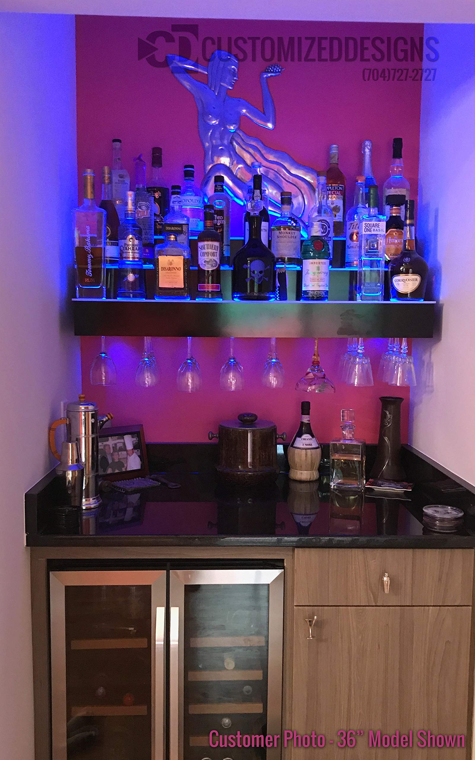 3 Tier Wall Mounted Liquor Bottle Shelf with Wine Glass Rack & LED Lights - 12 Bottle Capacity - Perfect for Home Bar, Kitchen, Dining Room, and Entertainment Areas