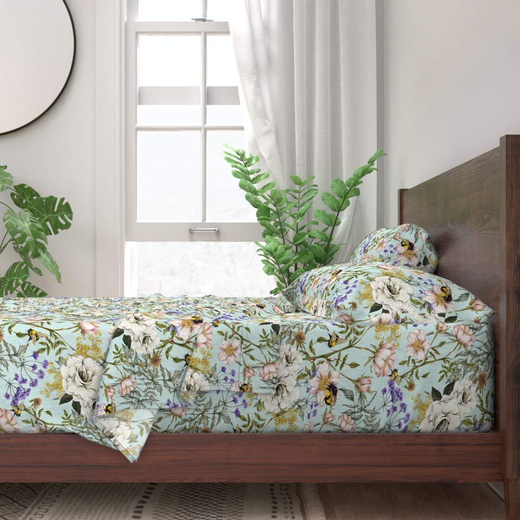 Spoonflower 100% Cotton Twin Size 3-Piece Sheet Set - Vintage English Garden Blue Floral Print, Nature Inspired Spring Design | Soft & Breathable Custom Bedding for Cozy Home Decor & Guest Room Styling
