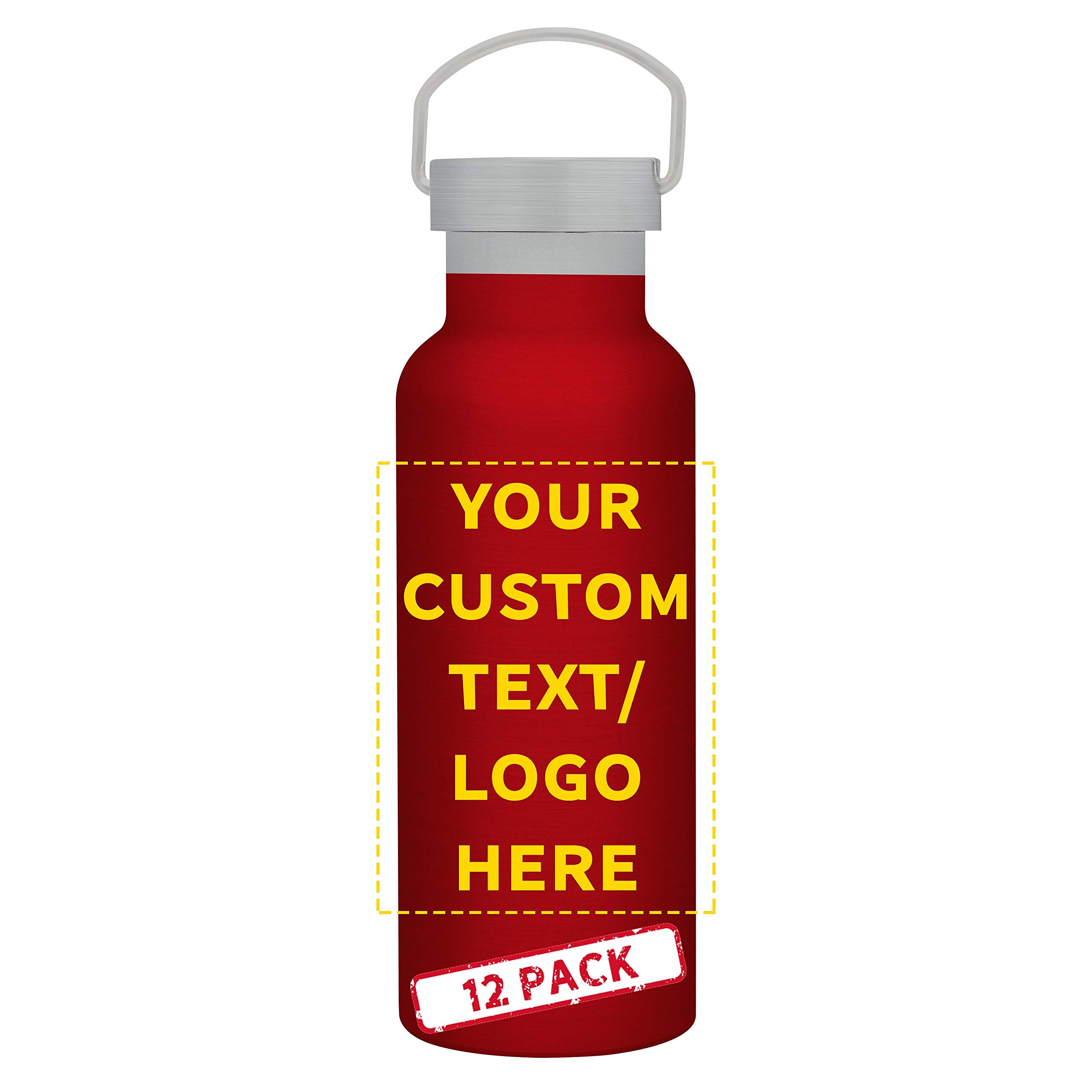 12 Pack 17 oz Stainless Steel Water Bottles with Double Wall Insulation - Customizable Text & Logo - Wire Handle, Red - Ideal for Camping, Hiking, Gym & Outdoor Activities