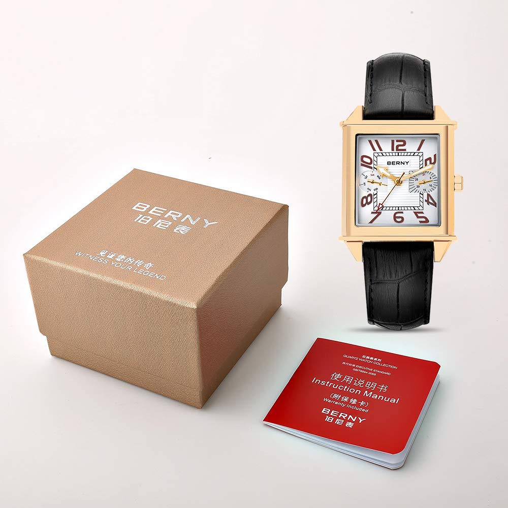 BERNY Men's Square Swiss Movement Quartz Watch with Calendar & Leather Strap - Stylish Dress Watch for Business, Formal Events & Everyday Wear