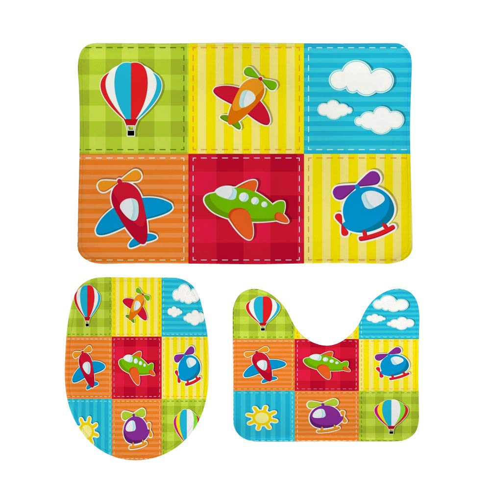 3-Piece Bath Rug Set - Anti-Slip Absorbent Bath Mats, Toilet Lid Cover & U-Shaped Contour Rug | Machine Washable, Quick-Dry Patchwork Design | Perfect for Bathroom Safety and Comfort