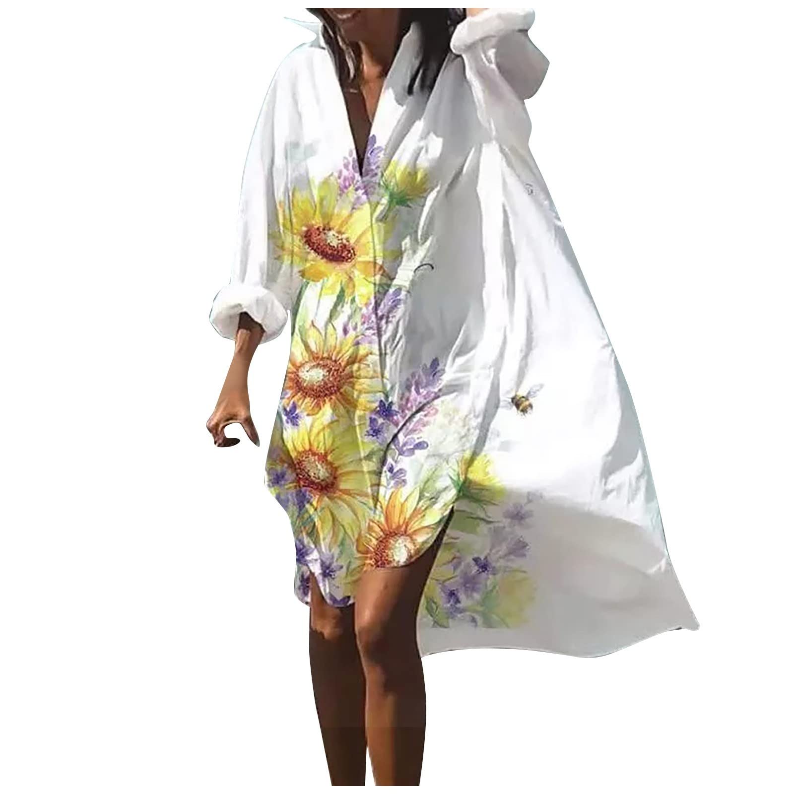 Sexy V-Neck Long Sleeve Floral Print Summer Dresses for Women - Elegant Casual Flowy Evening & Beach Dress for Party, Vacation, Date Night