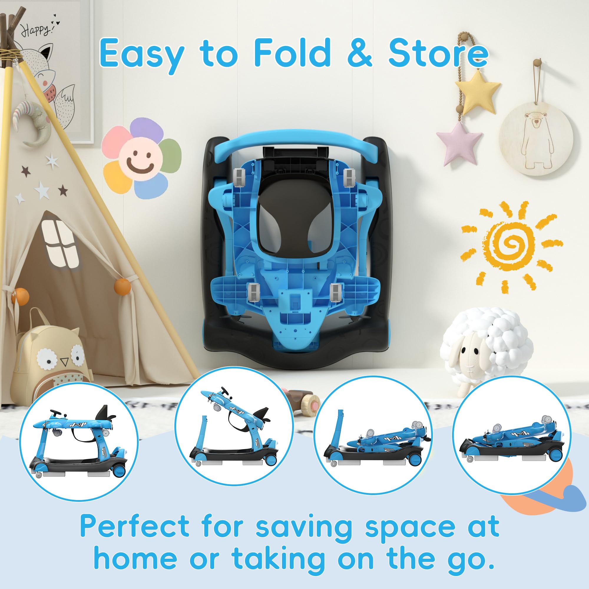 6-in-1 Foldable Baby Walker with Adjustable Height & Speed - Airplane-Themed Activity Push Walker with Music, Lights & Wheels - Anti-Slip Design for Boys & Girls 6-18 Months - Perfect for Learning to Walk & Indoor Playtime