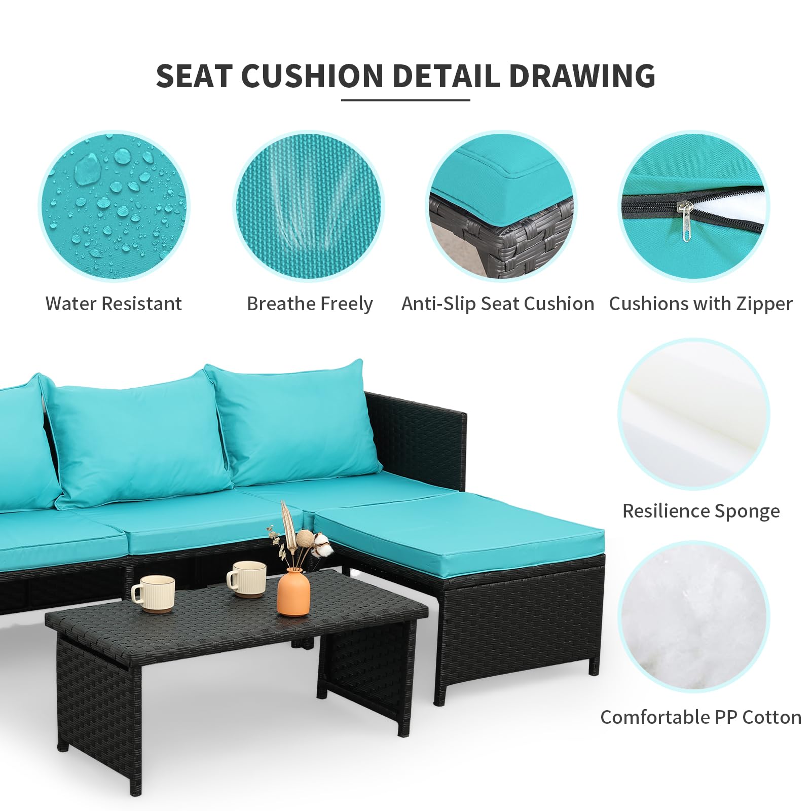 Valita 3-Piece Outdoor PE Rattan Furniture Set - Black Wicker Patio Loveseat Sofa with Turquoise Cushions, All-Weather PE Rattan Sectional Couch for Garden, Poolside, Deck or Backyard Relaxation