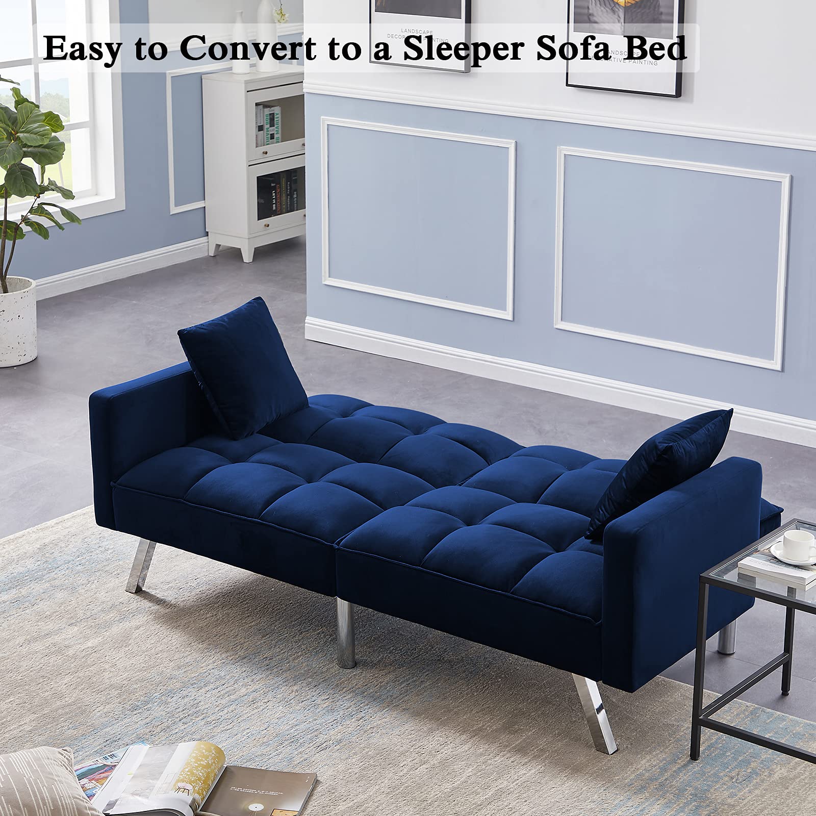 Velvet Convertible Sofa Bed with 2 Pillows - 3-Position Adjustable Backrest, Modern Loveseat with Sturdy Metal Legs for Living Room, Bedroom, Guest Room - Blue Velvet Futon for Small Spaces & Apartments
