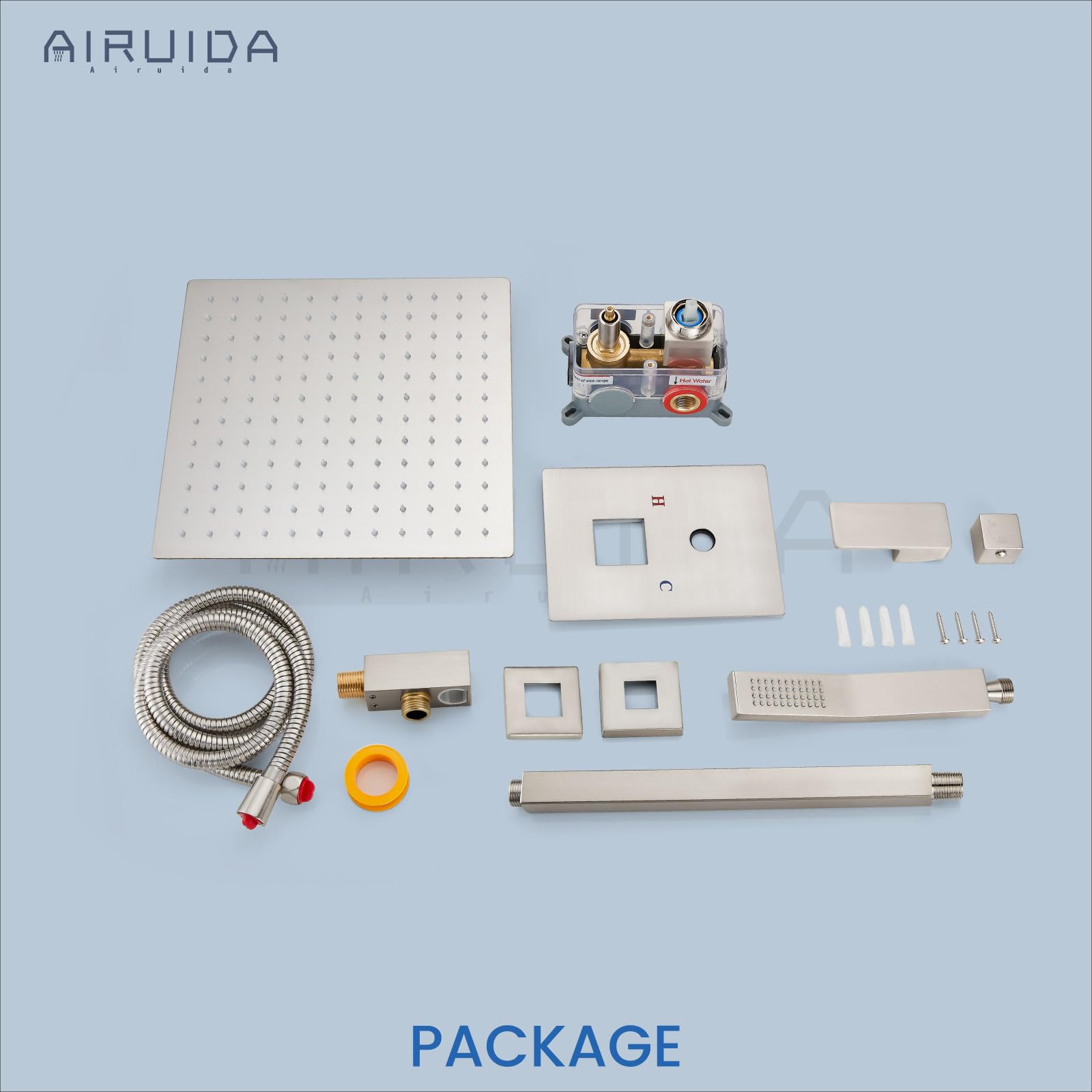 Airuida Brushed Nickel Ceiling Mount Shower System - 10 Inch Square Rainfall Shower Head with 2-Function High Pressure Combo, Brass Rough-in Valve & Handheld Shower Faucet Set for Luxurious Spa-Like Bathroom Experience
